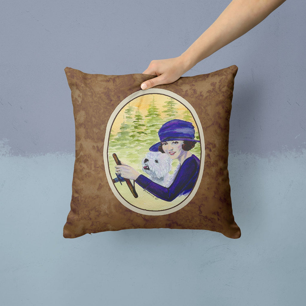 Woman driving with her Westie Decorative Throw Pillow 14x14 Indoor Outdoor Accent Cushion, Fabric Cover with Insert for Sofa, Bed, Porch & Living Room