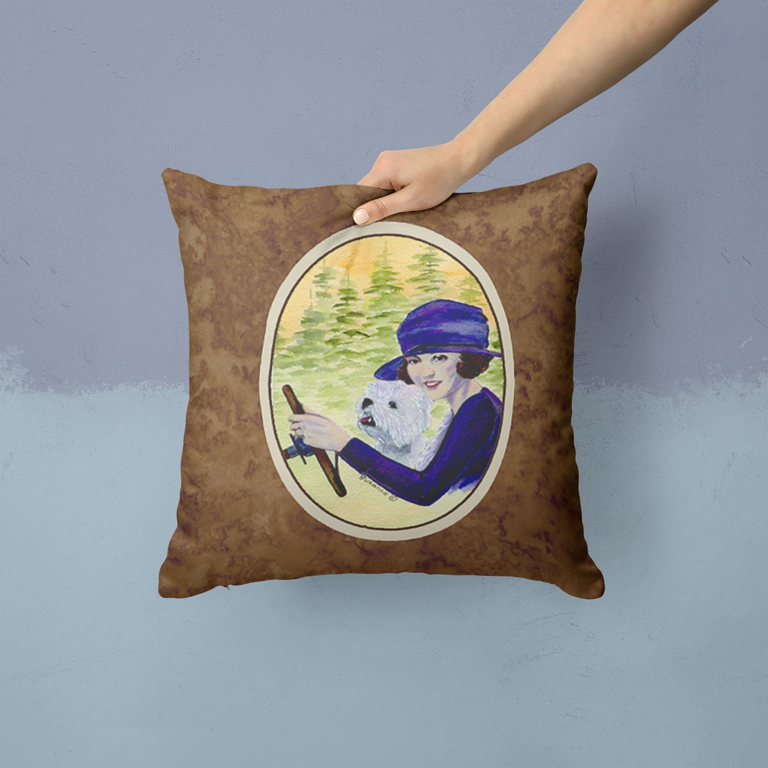 Woman driving with her Westie Decorative Throw Pillow 14x14 Indoor Outdoor Accent Cushion, Fabric Cover with Insert for Sofa, Bed, Porch & Living Room