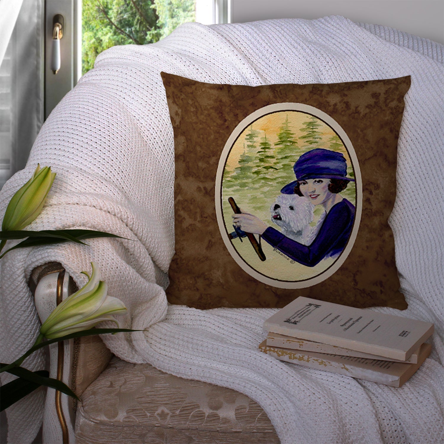 Woman driving with her Westie Decorative Throw Pillow 14x14 Indoor Outdoor Accent Cushion, Fabric Cover with Insert for Sofa, Bed, Porch & Living Room