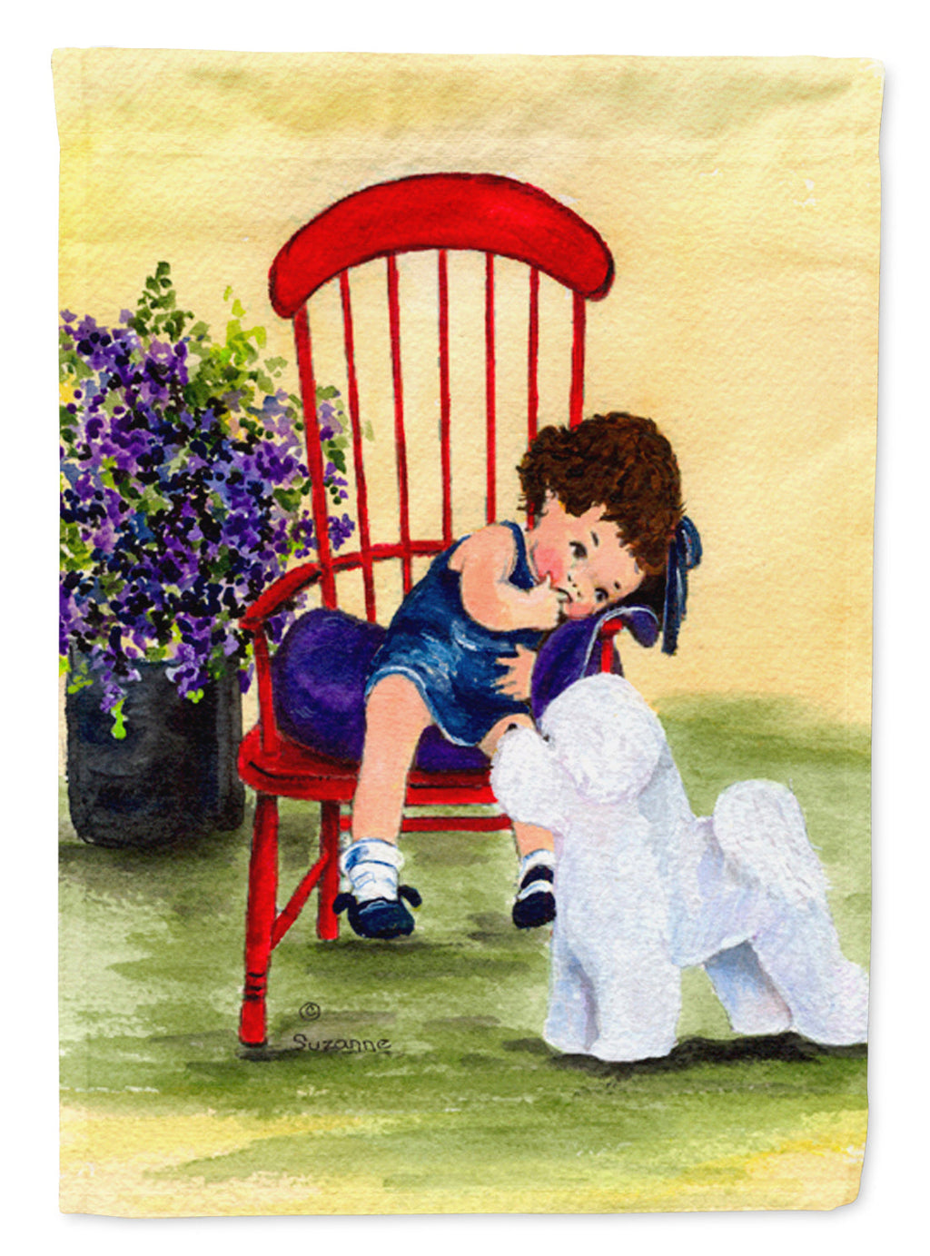 Little Girl with her Bichon Frise House Flag 28x40 Porch Sleeve Pole Decorative Outside Yard Banner Artwork Wall Hanging, Polyester