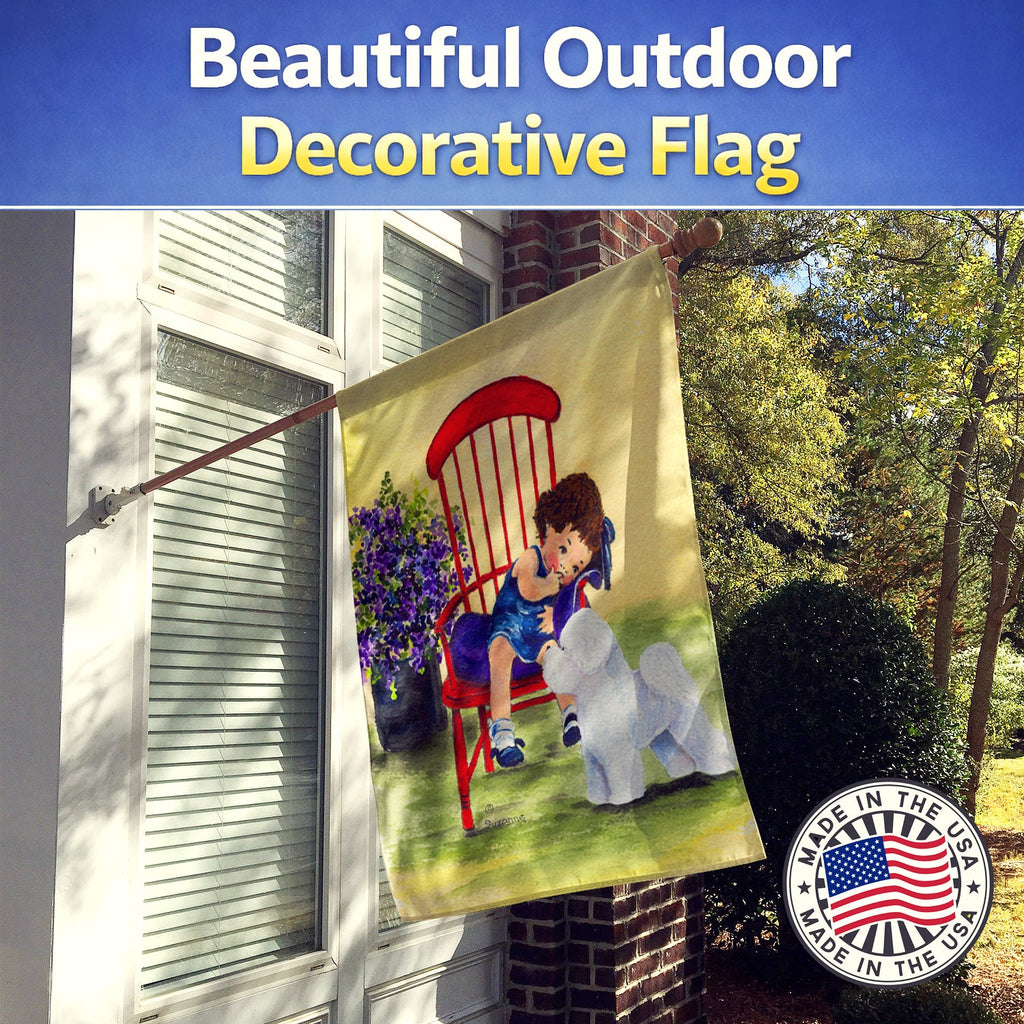 Little Girl with her Bichon Frise House Flag 28x40 Porch Sleeve Pole Decorative Outside Yard Banner Artwork Wall Hanging, Polyester