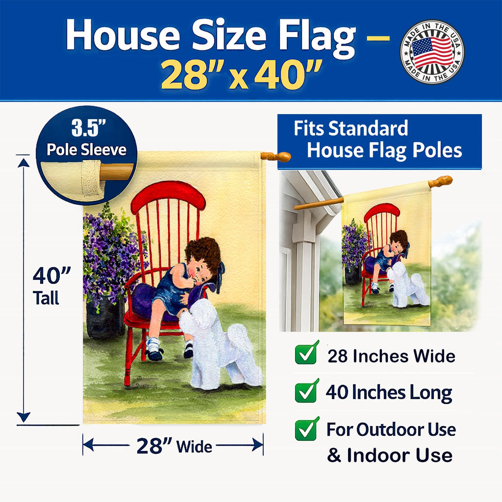 Little Girl with her Bichon Frise House Flag 28x40 Porch Sleeve Pole Decorative Outside Yard Banner Artwork Wall Hanging, Polyester