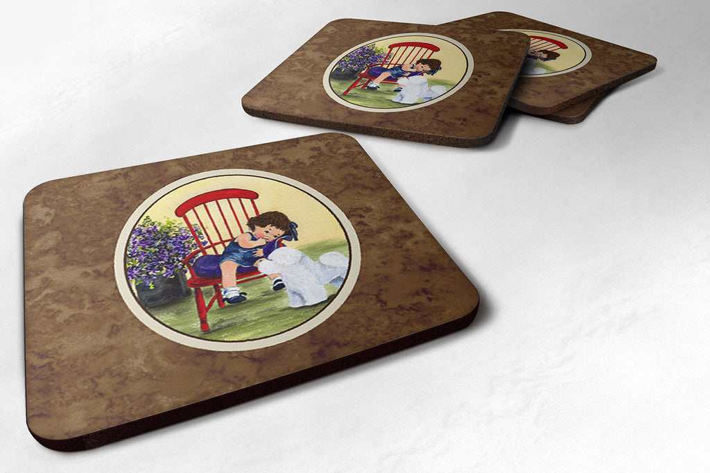 Little Girl with her Bichon Frise Foam Coasters Set of 4 Cup Coasters for Indoor Outdoor, Tabletop Protection, Anti Slip, Mouse pad Material