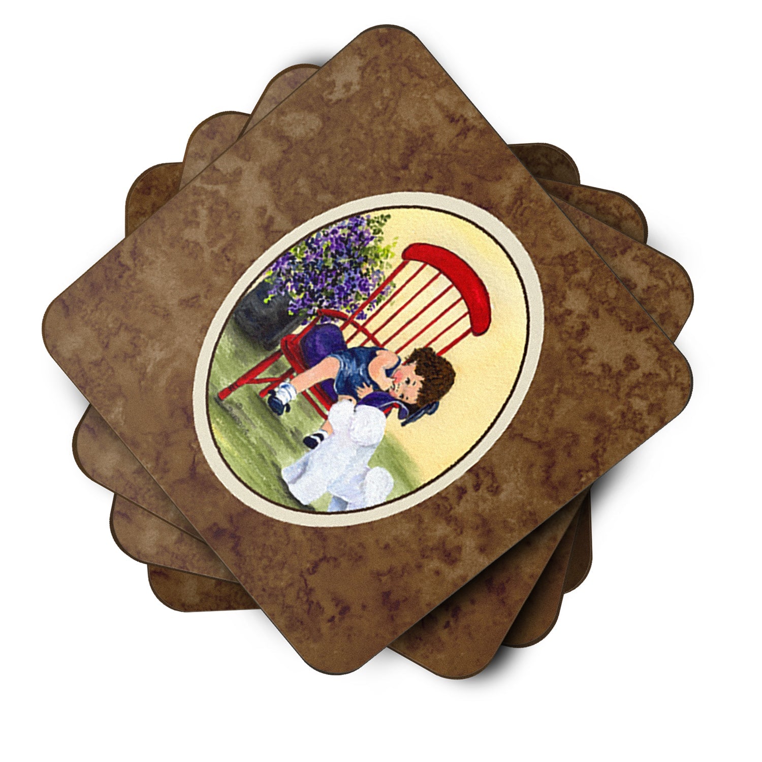 Little Girl with her Bichon Frise Foam Coasters Set of 4 Cup Coasters for Indoor Outdoor, Tabletop Protection, Anti Slip, Mouse pad Material