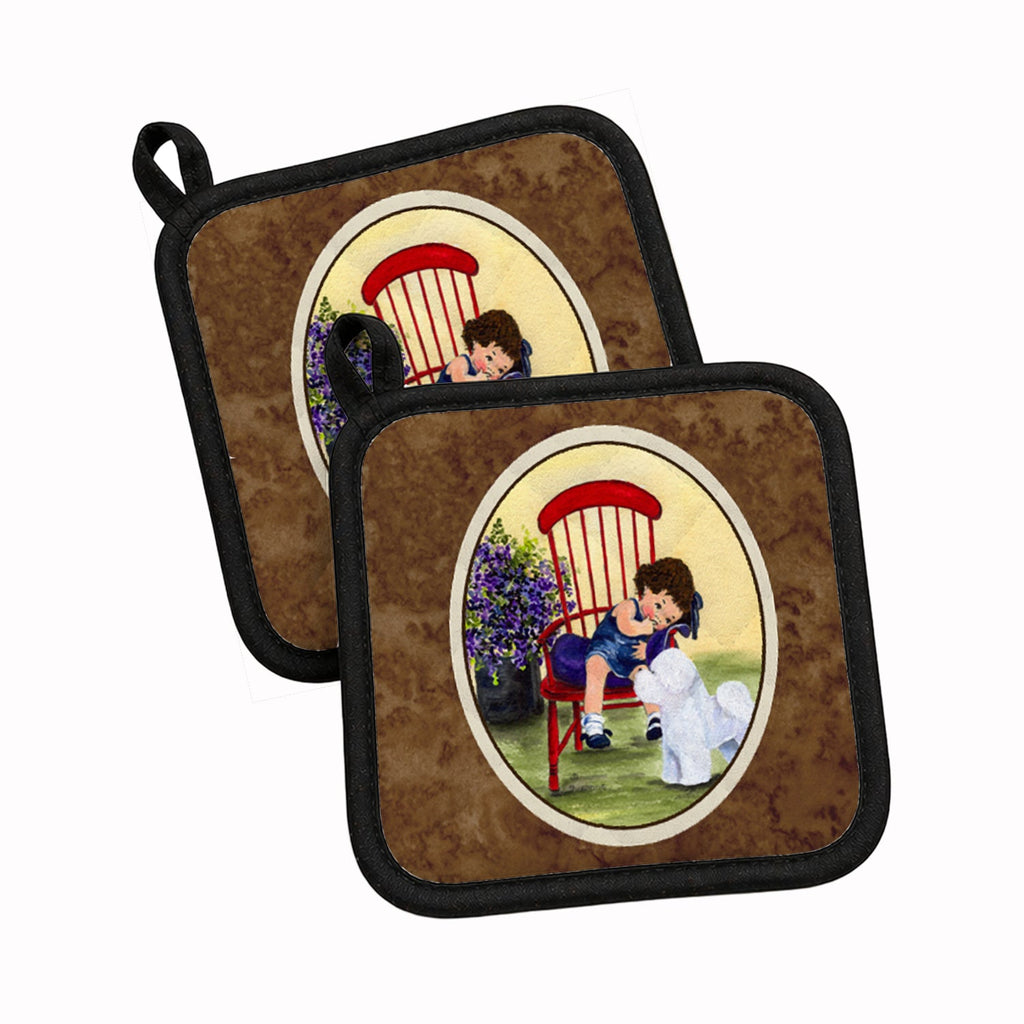 Little Girl with her Bichon Frise Pot Holder Set of 2 Heat Resistant Quilted Hot Pads 7.5 x 7.5 Inch, Insulated Kitchen Trivets for Cooking & Baking