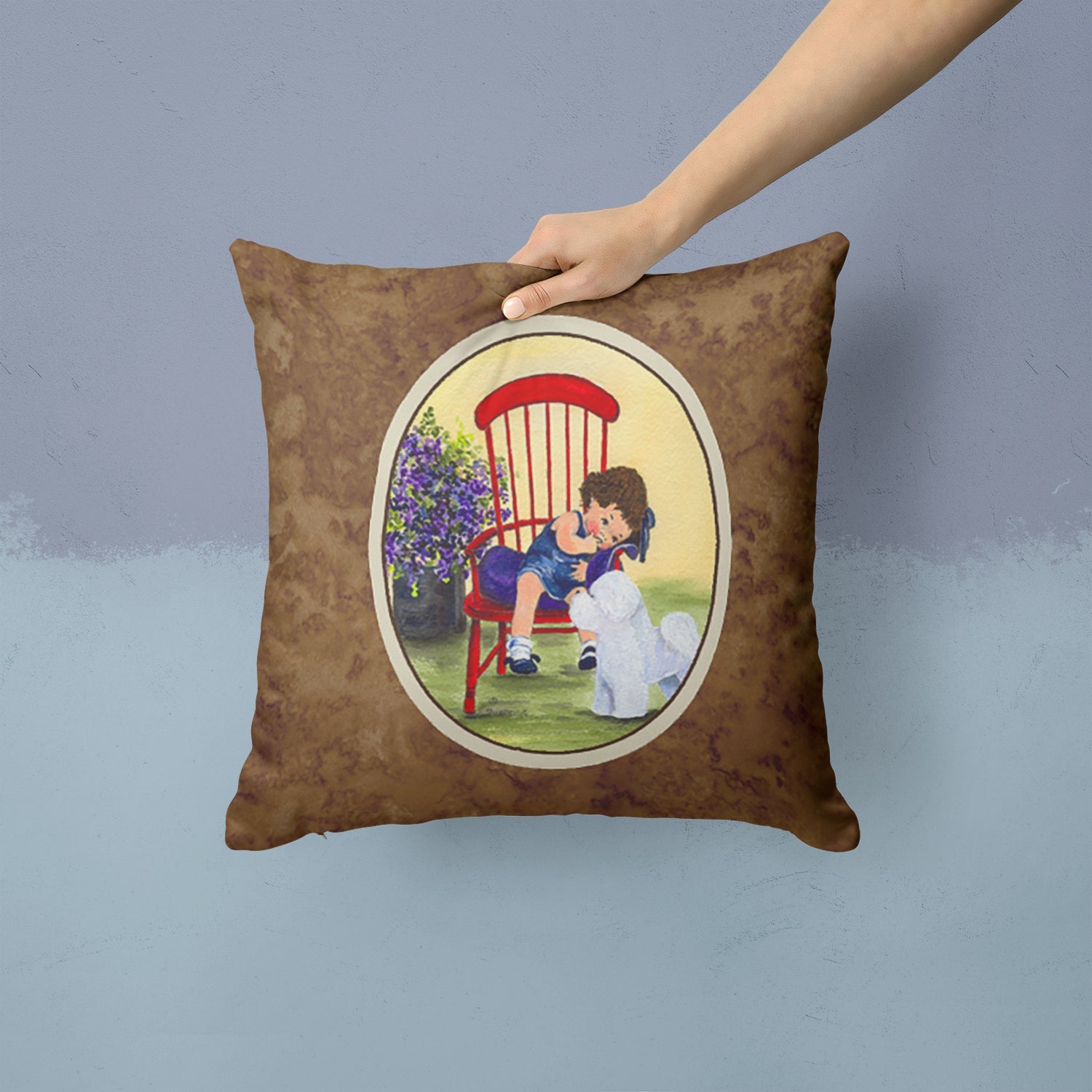 Little Girl with her Bichon Frise Decorative Throw Pillow 14x14 Indoor Outdoor Accent Cushion, Fabric Cover with Insert for Sofa, Bed, Porch & Living Room