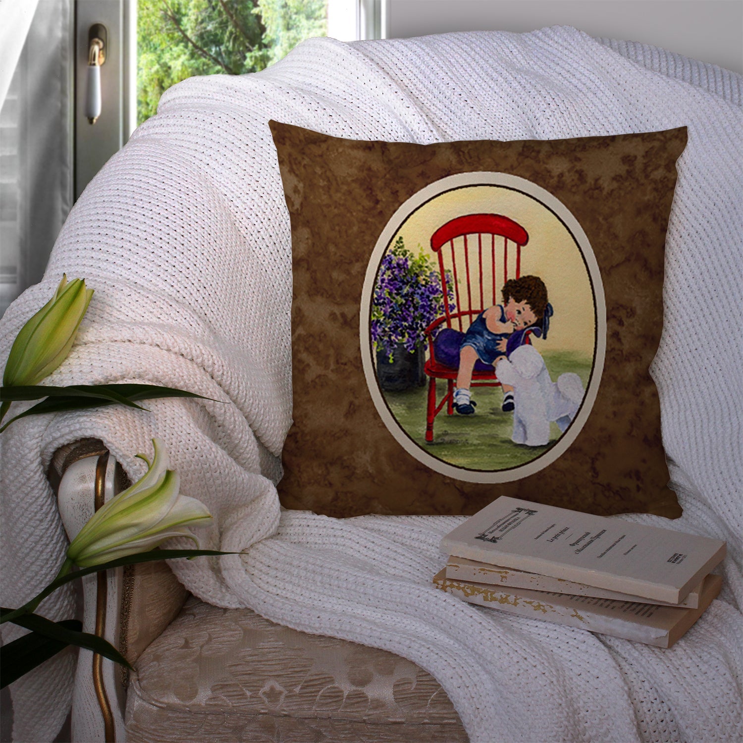 Little Girl with her Bichon Frise Decorative Throw Pillow 14x14 Indoor Outdoor Accent Cushion, Fabric Cover with Insert for Sofa, Bed, Porch & Living Room