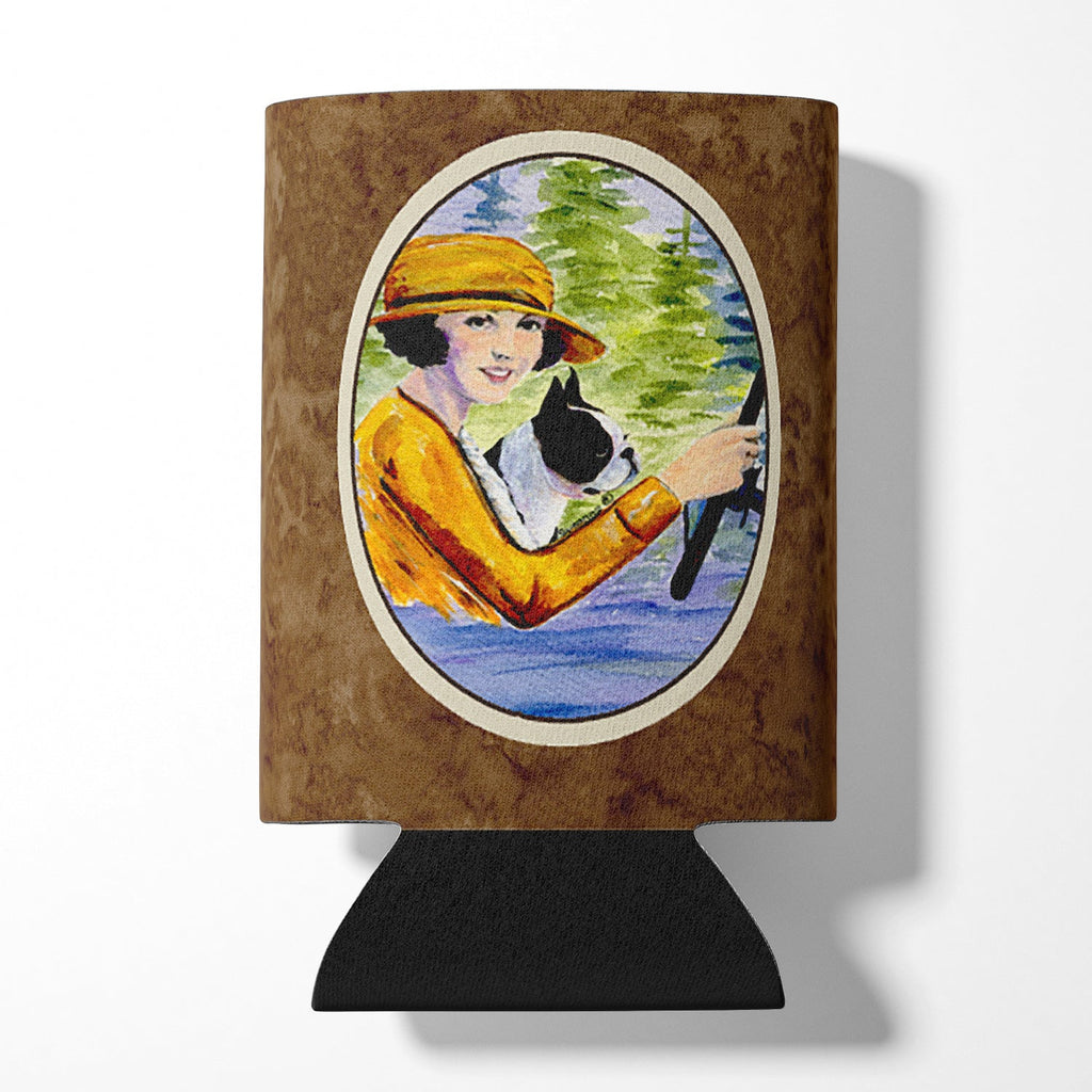 Woman driving with her Boston Terrier Can or Bottle Hugger Cooler Sleeve for Standard 12 oz Cans, Insulated Foam Beer & Soda Can Hugger Reusable