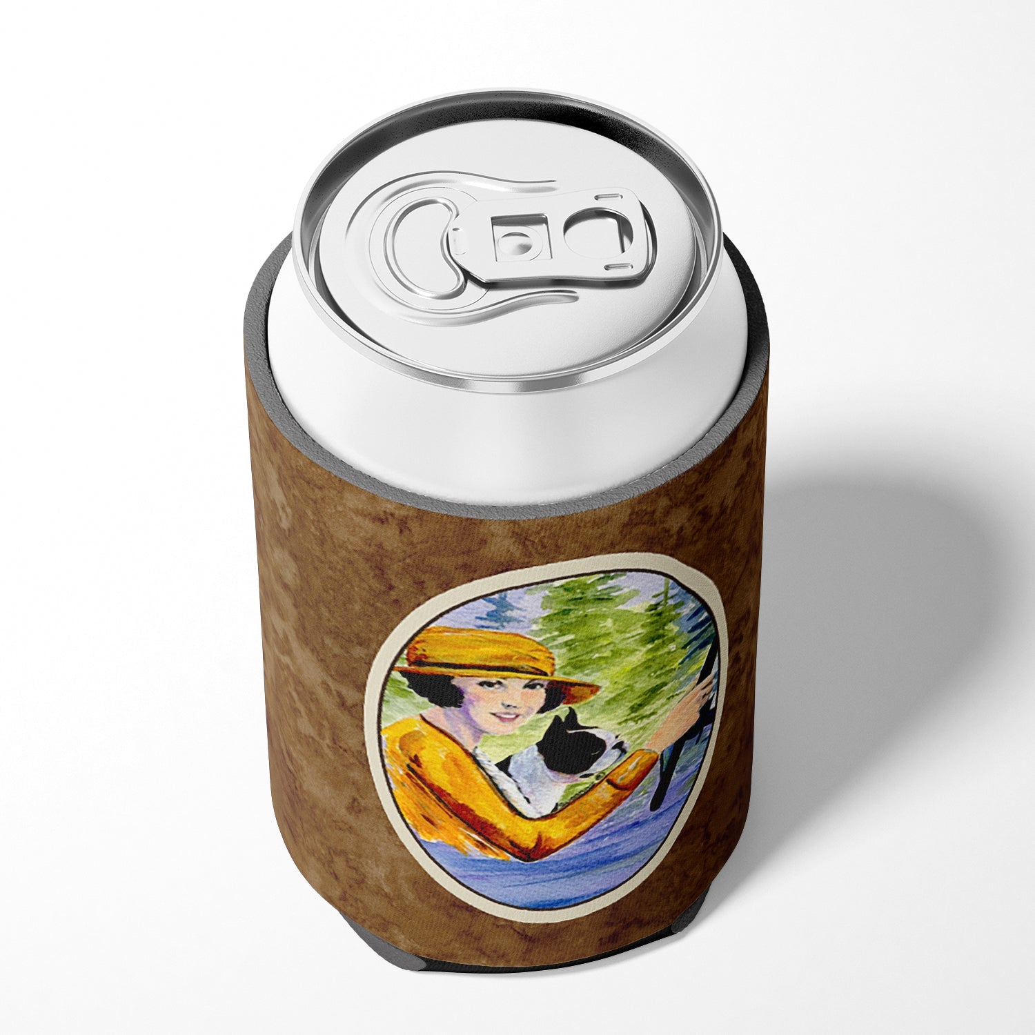Woman driving with her Boston Terrier Can or Bottle Hugger Cooler Sleeve for Standard 12 oz Cans, Insulated Foam Beer & Soda Can Hugger Reusable