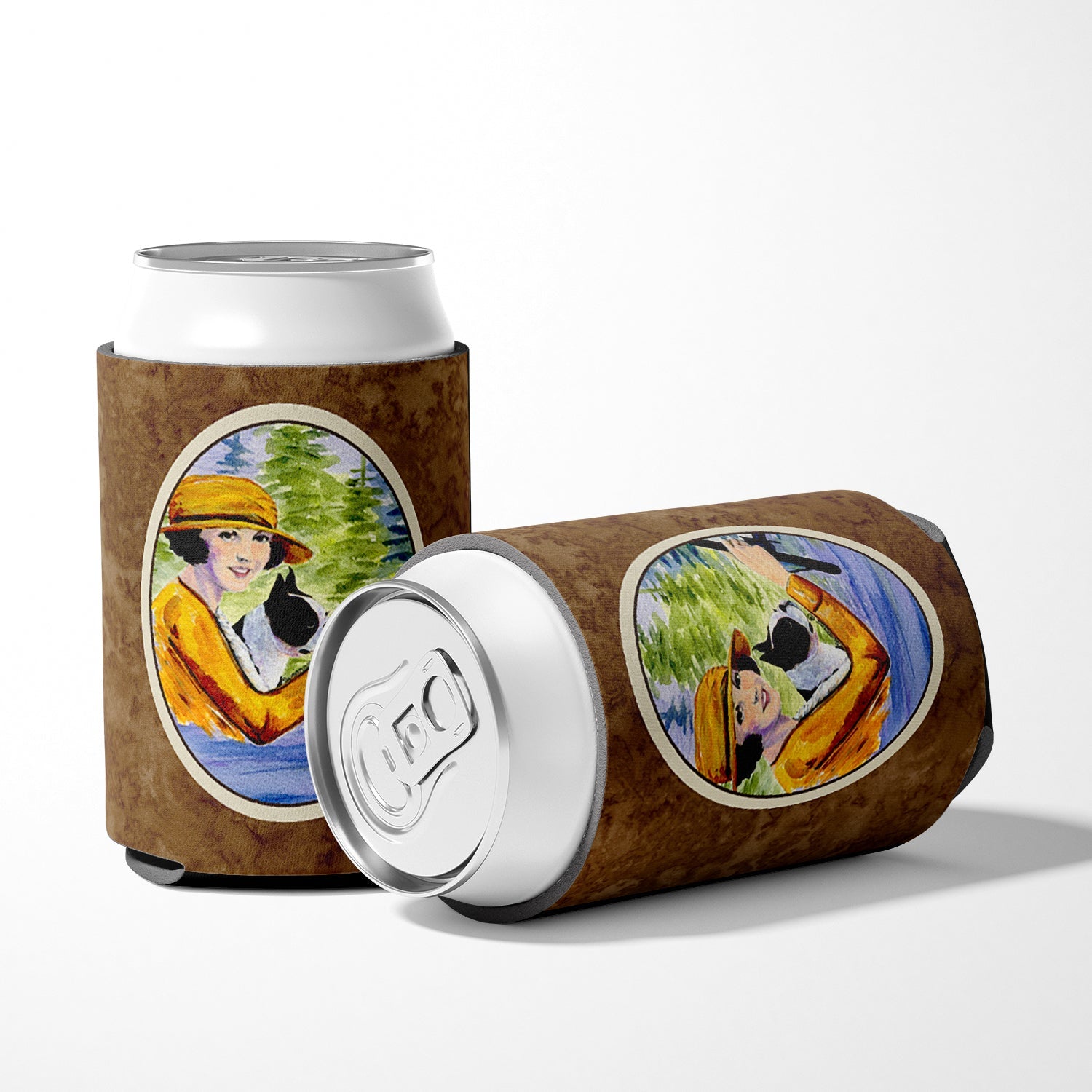 Woman driving with her Boston Terrier Can or Bottle Hugger Cooler Sleeve for Standard 12 oz Cans, Insulated Foam Beer & Soda Can Hugger Reusable