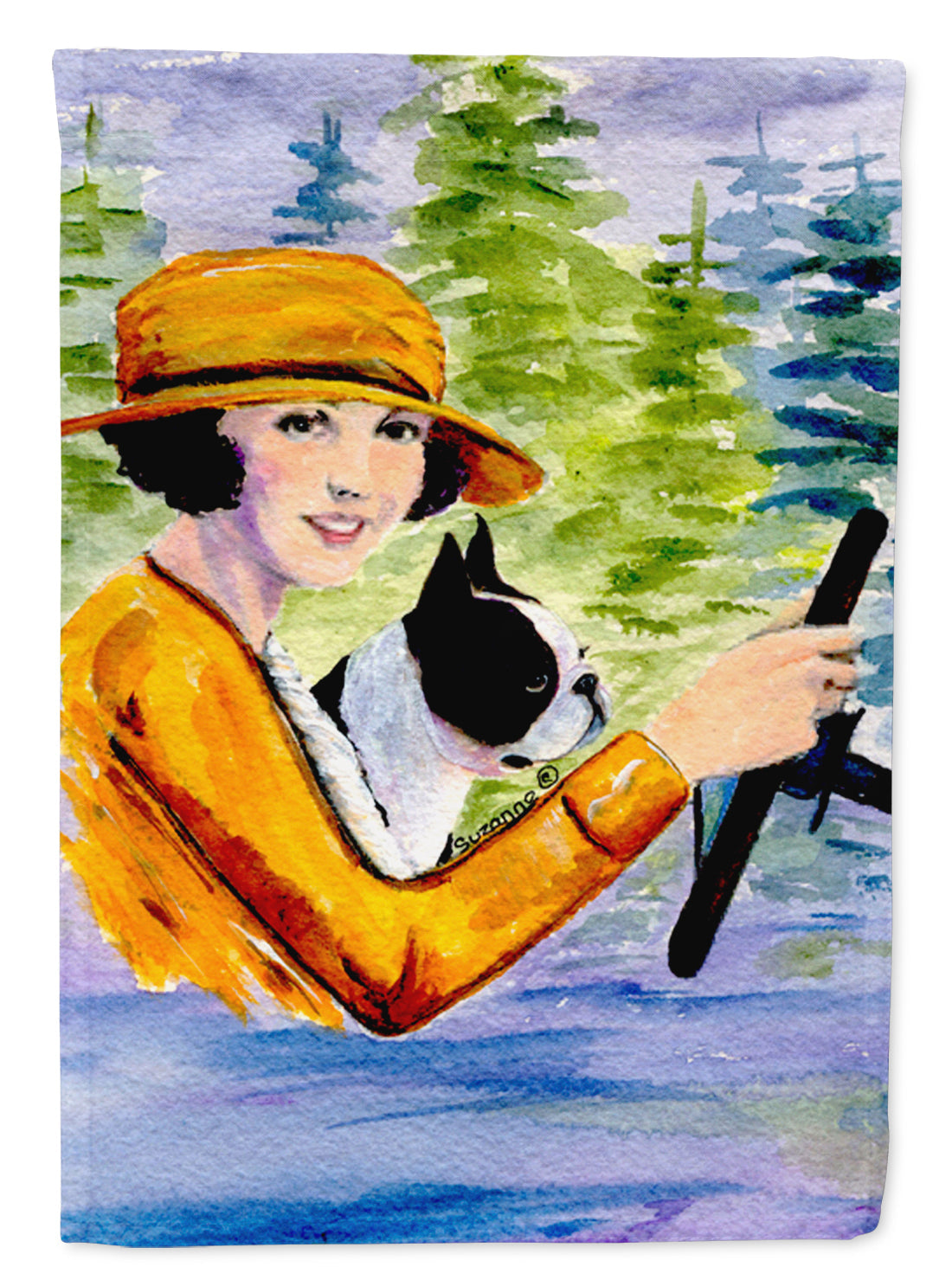 Woman driving with her Boston Terrier House Flag 28x40 Porch Sleeve Pole Decorative Outside Yard Banner Artwork Wall Hanging, Polyester