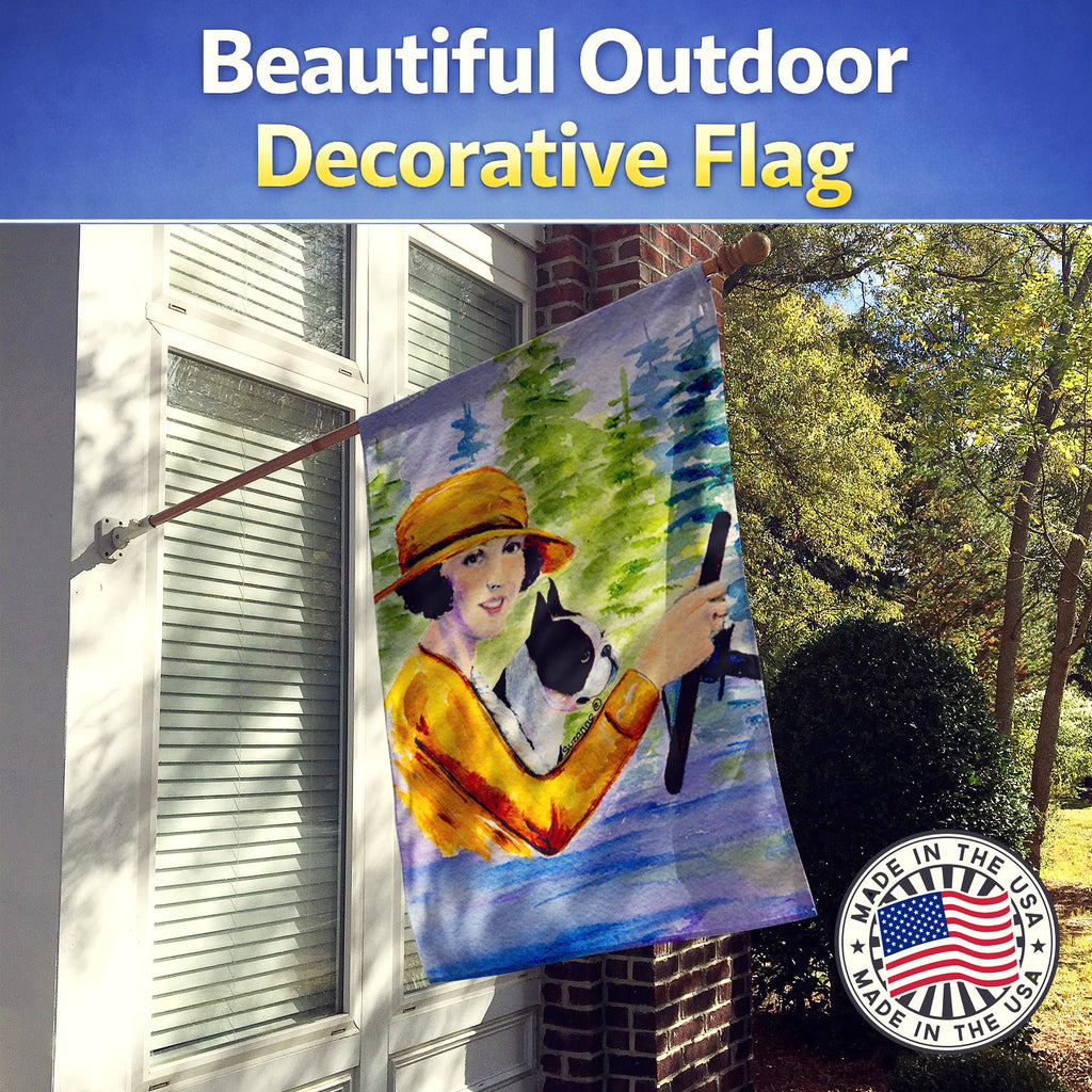 Woman driving with her Boston Terrier House Flag 28x40 Porch Sleeve Pole Decorative Outside Yard Banner Artwork Wall Hanging, Polyester