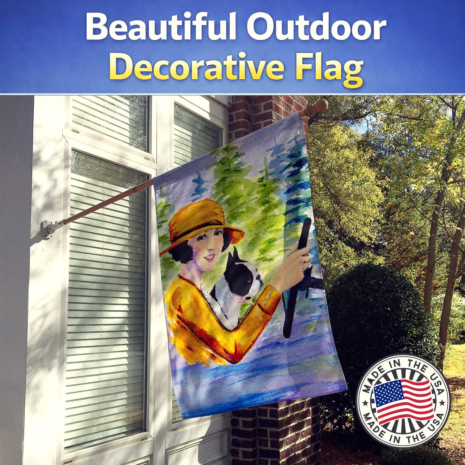Woman driving with her Boston Terrier House Flag 28x40 Porch Sleeve Pole Decorative Outside Yard Banner Artwork Wall Hanging, Polyester