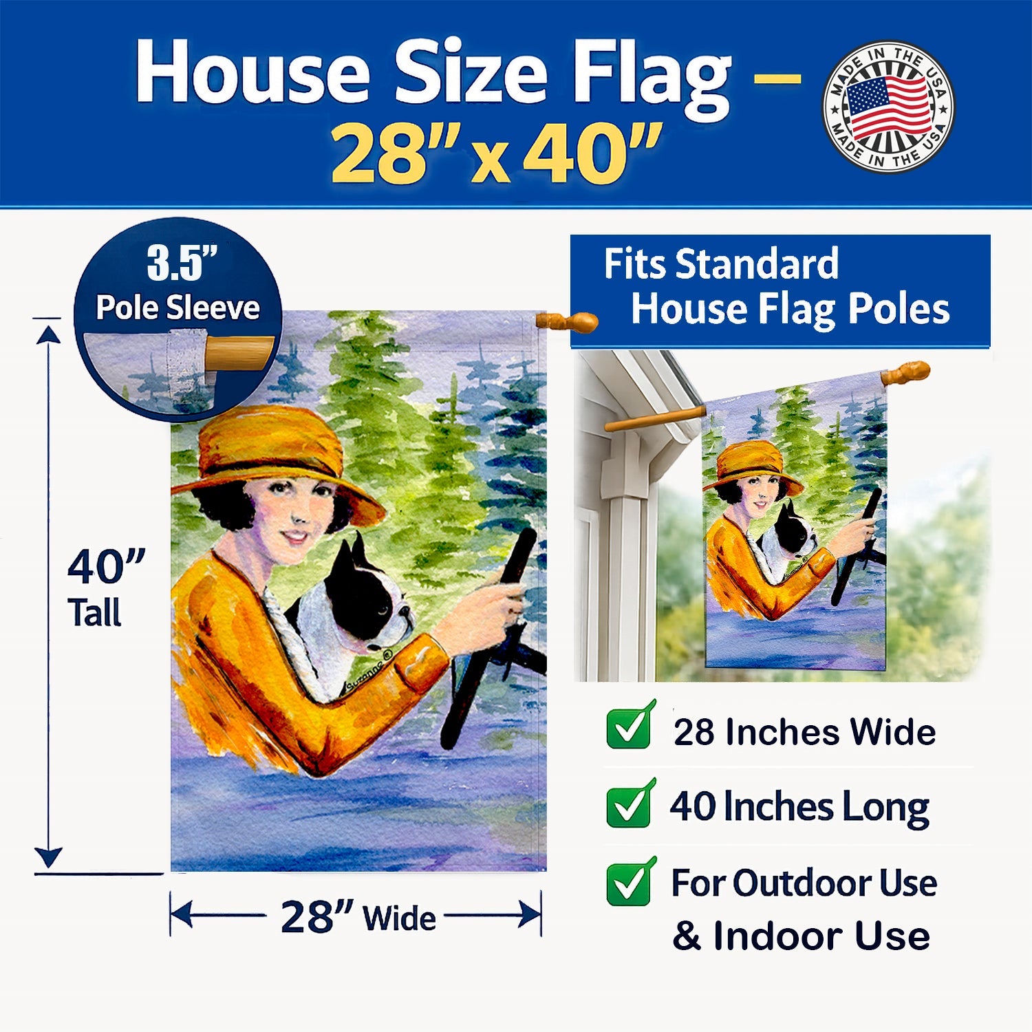 Woman driving with her Boston Terrier House Flag 28x40 Porch Sleeve Pole Decorative Outside Yard Banner Artwork Wall Hanging, Polyester