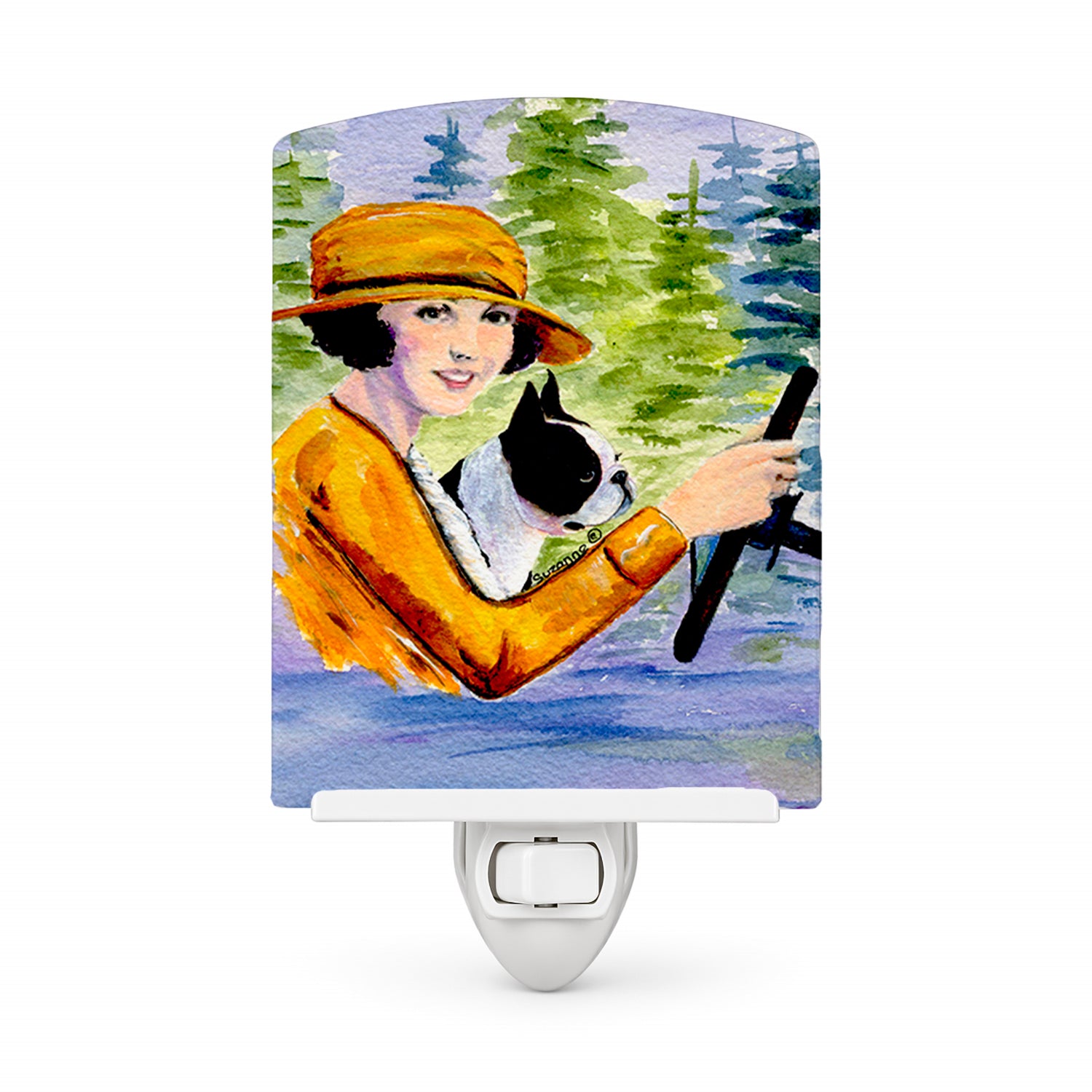 Woman driving with her Boston Terrier Ceramic Night Light Compact, UL-Certified, Ideal for Bedroom, Bathroom, Nursery, Hallway, Kitchen, 6x4x3, Multicolor