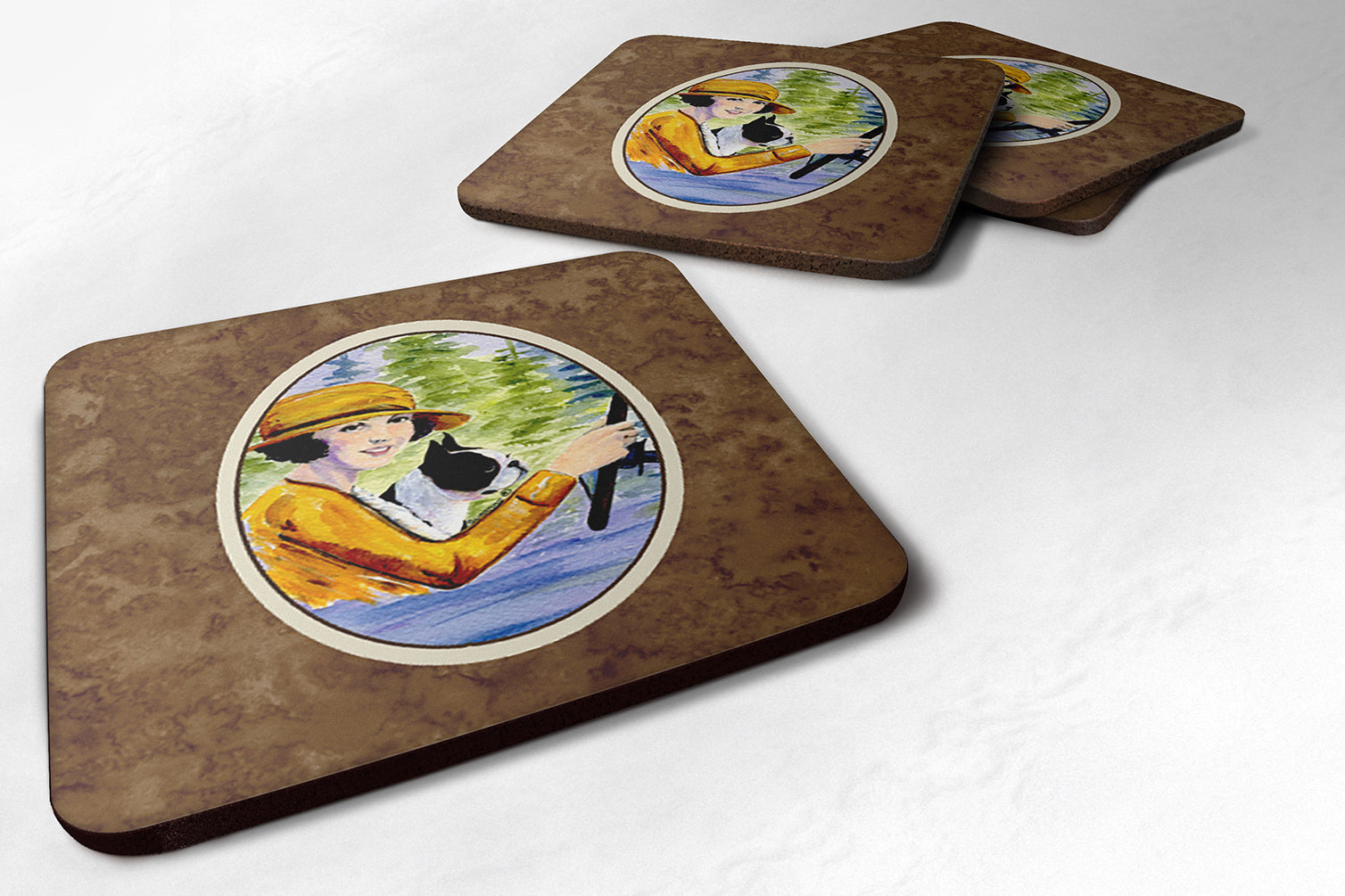 Woman driving with her Boston Terrier Foam Coasters Set of 4 Cup Coasters for Indoor Outdoor, Tabletop Protection, Anti Slip, Mouse pad Material