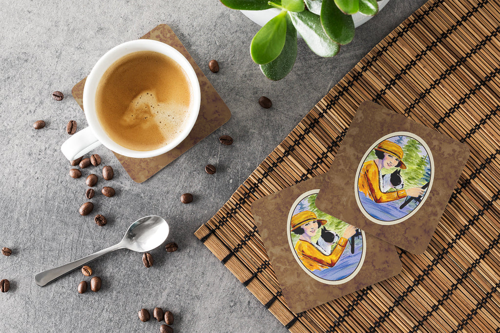 Woman driving with her Boston Terrier Foam Coasters Set of 4 Cup Coasters for Indoor Outdoor, Tabletop Protection, Anti Slip, Mouse pad Material