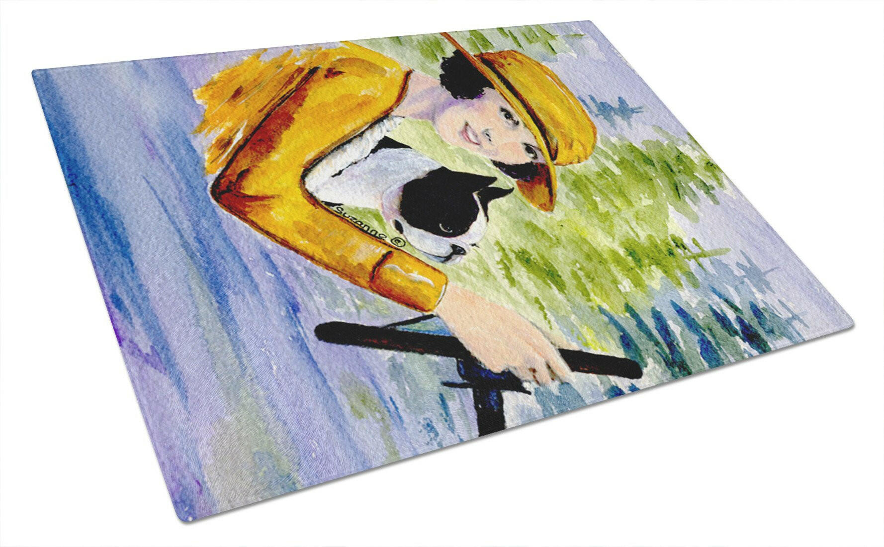 Woman driving with her Boston Terrier Cutting Board Tempered Glass Kitchen Cutting Surface, Heat Resistant Chopping, Non-Slip Feet, Food Prep & Serving