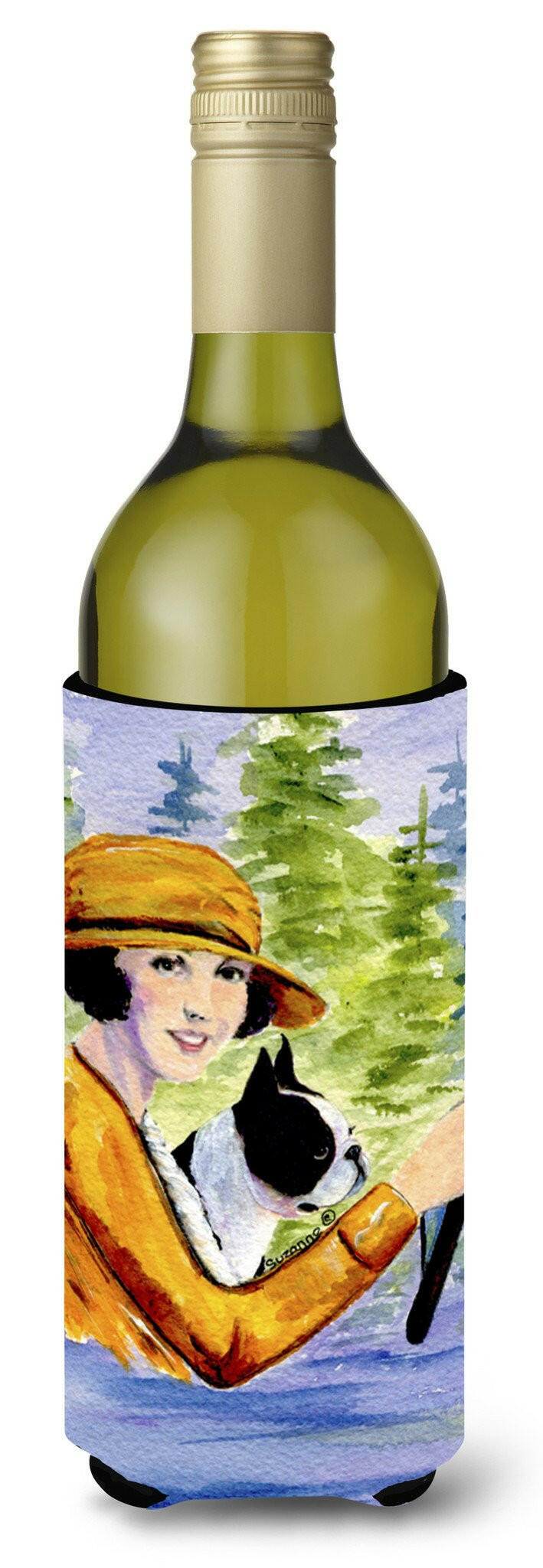 Woman driving with her Boston Terrier Wine Bottle Hugger Gift Sleeve for Standard 750 ml Bottles, Insulated Reusable Also Fits Mini Shot & Pint Bottles