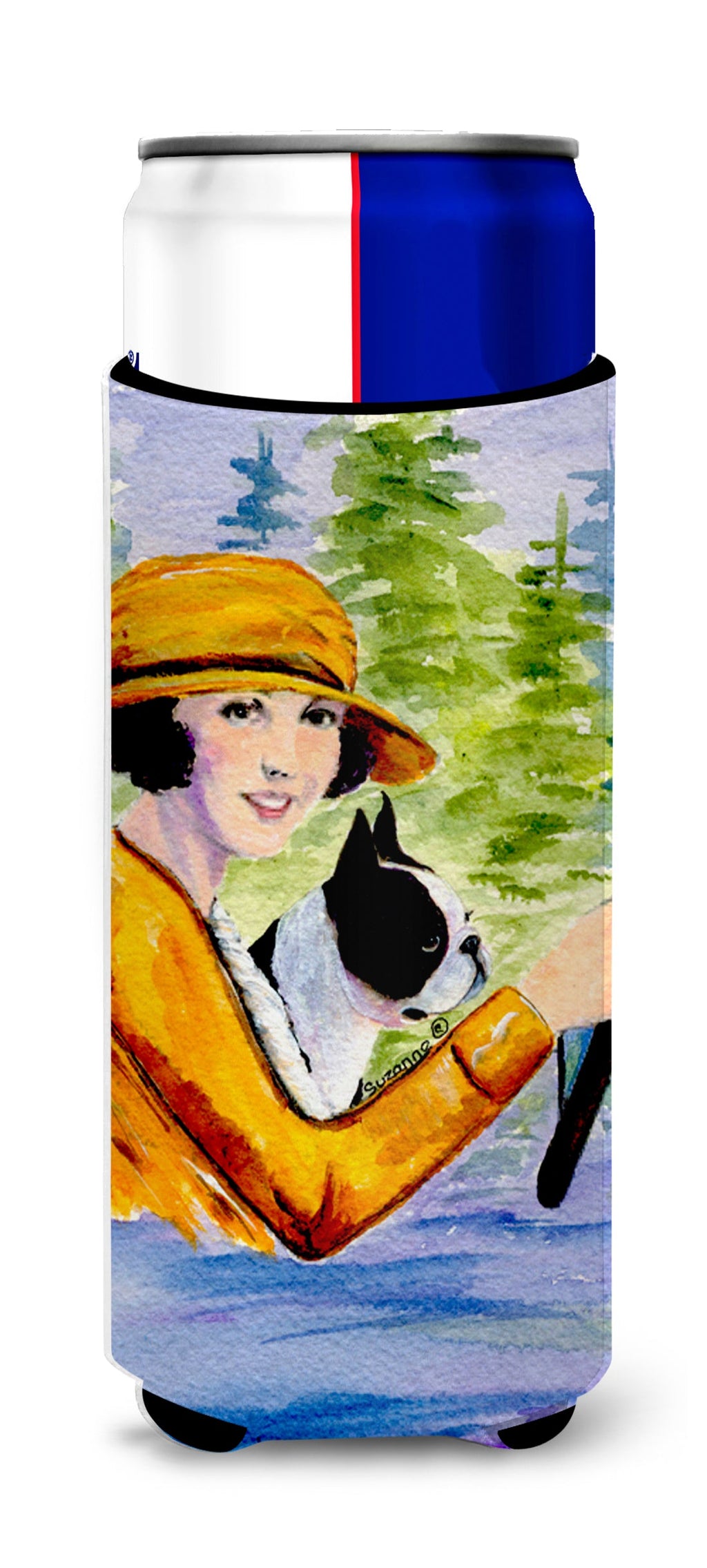 Woman driving with her Boston Terrier Slim Can Hugger , Insulated Foam Hugger for 12 oz Slim Cans, Beer Bottles & Water Bottles, Printed in USA