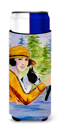 Woman driving with her Boston Terrier Slim Can Hugger , Insulated Foam Hugger for 12 oz Slim Cans, Beer Bottles & Water Bottles, Printed in USA