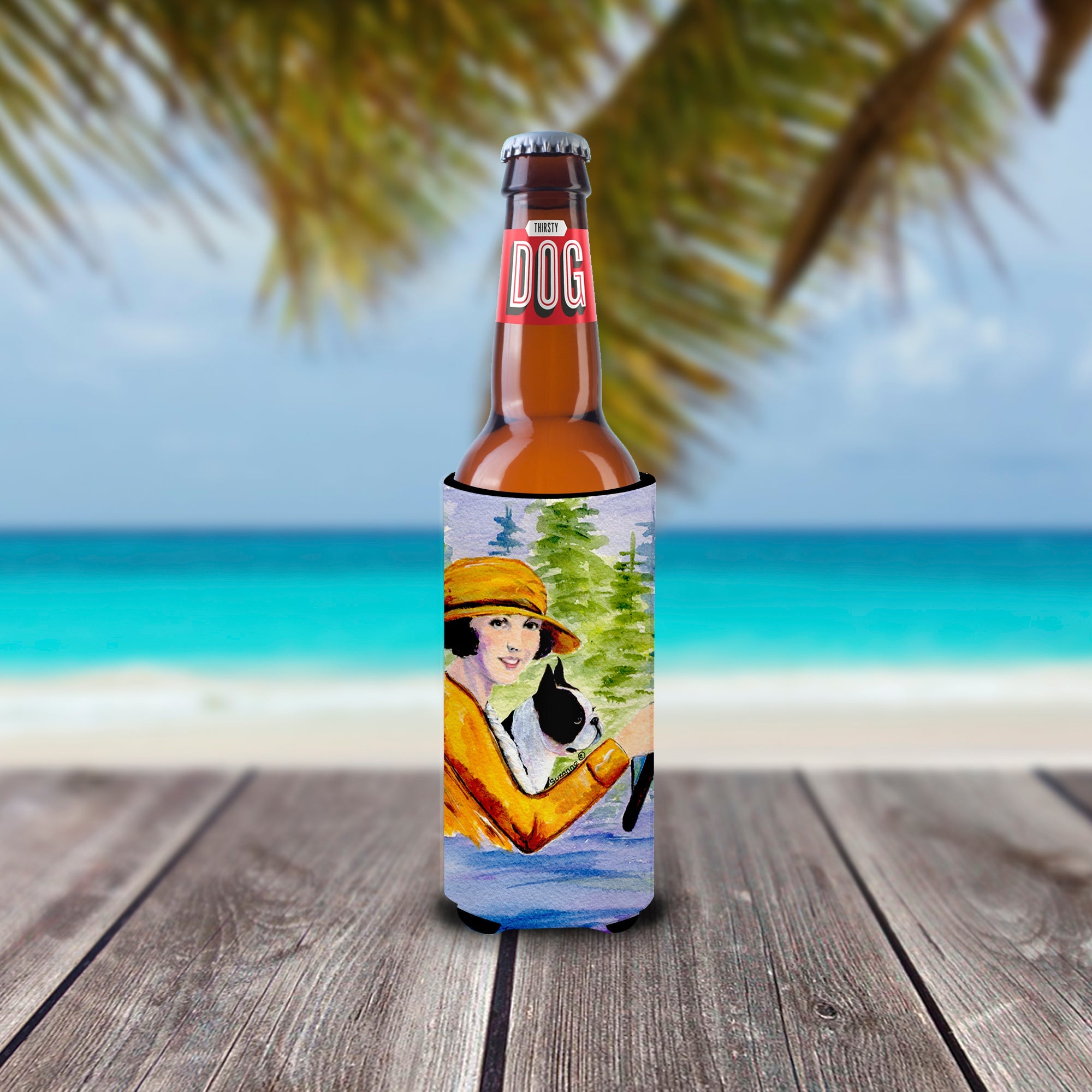 Woman driving with her Boston Terrier Slim Can Hugger , Insulated Foam Hugger for 12 oz Slim Cans, Beer Bottles & Water Bottles, Printed in USA