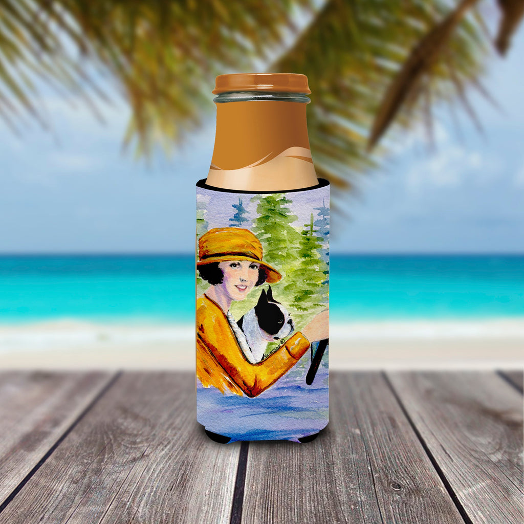 Woman driving with her Boston Terrier Slim Can Hugger , Insulated Foam Hugger for 12 oz Slim Cans, Beer Bottles & Water Bottles, Printed in USA