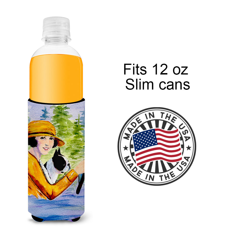 Woman driving with her Boston Terrier Slim Can Hugger , Insulated Foam Hugger for 12 oz Slim Cans, Beer Bottles & Water Bottles, Printed in USA
