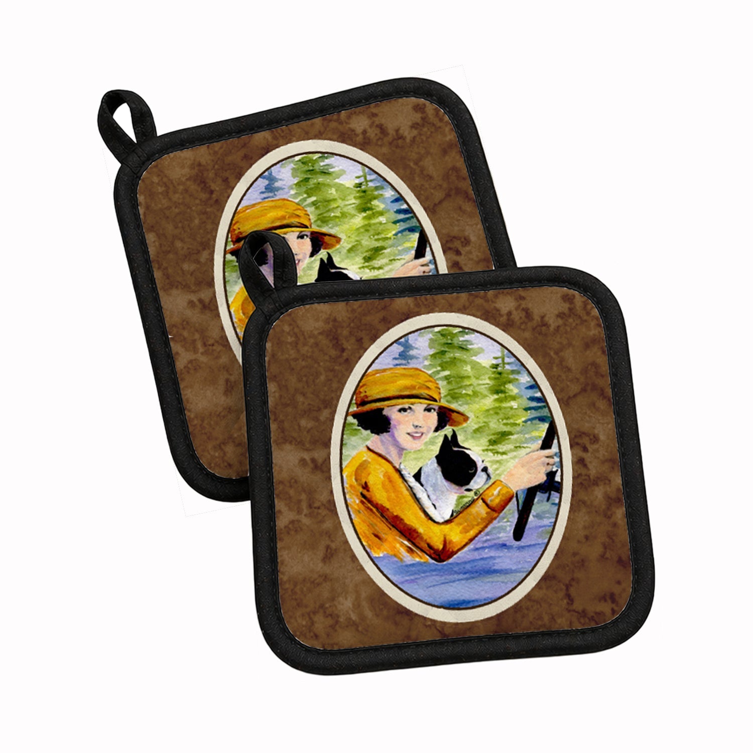 Woman driving with her Boston Terrier Pot Holder Set of 2 Heat Resistant Quilted Hot Pads 7.5 x 7.5 Inch, Insulated Kitchen Trivets for Cooking & Baking