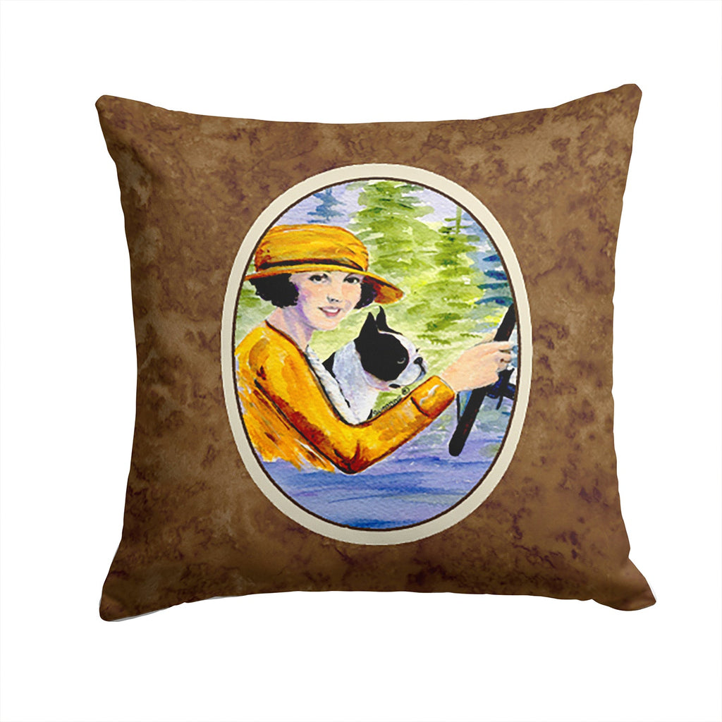 Woman driving with her Boston Terrier Decorative Throw Pillow 14x14 Indoor Outdoor Accent Cushion, Fabric Cover with Insert for Sofa, Bed, Porch & Living Room