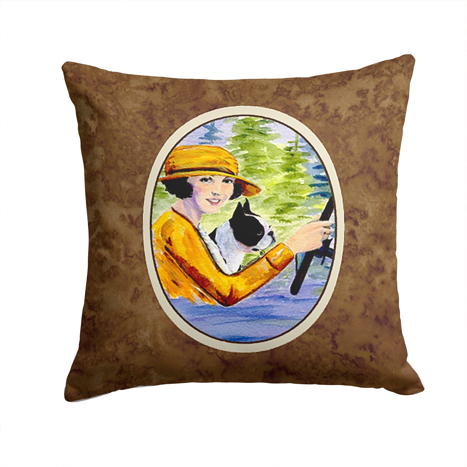 Woman driving with her Boston Terrier Decorative Throw Pillow 14x14 Indoor Outdoor Accent Cushion, Fabric Cover with Insert for Sofa, Bed, Porch & Living Room