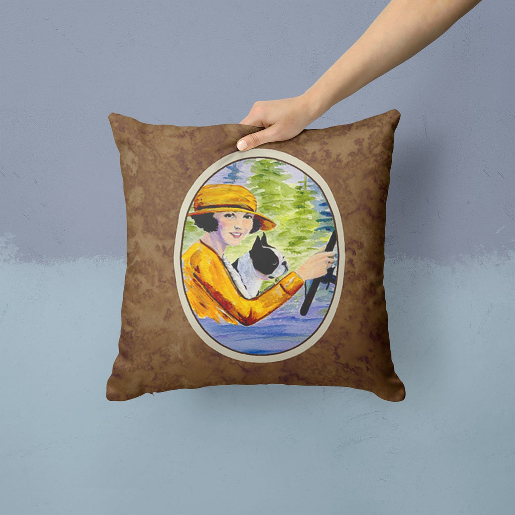 Woman driving with her Boston Terrier Decorative Throw Pillow 14x14 Indoor Outdoor Accent Cushion, Fabric Cover with Insert for Sofa, Bed, Porch & Living Room