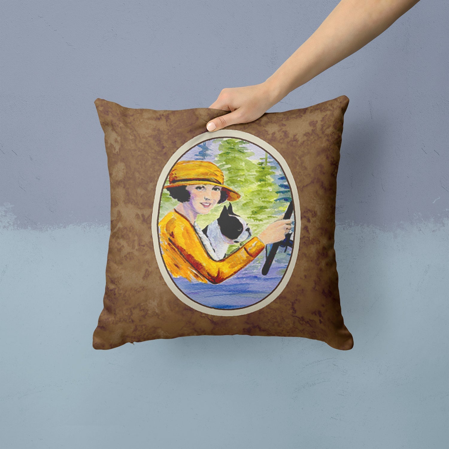 Woman driving with her Boston Terrier Decorative Throw Pillow 14x14 Indoor Outdoor Accent Cushion, Fabric Cover with Insert for Sofa, Bed, Porch & Living Room