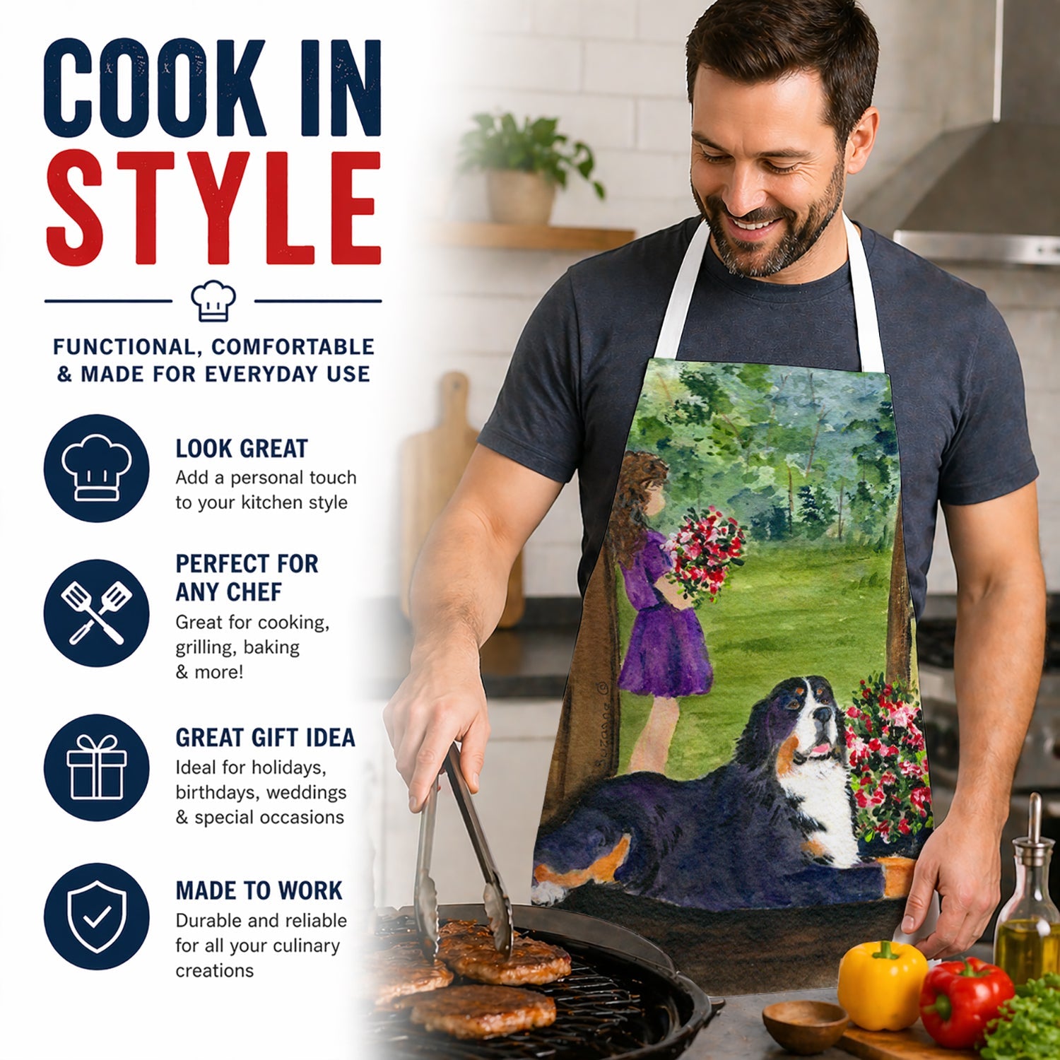 Little Girl with her Bernese Mountain Dog Apron Cooking Kitchen Server Baking Crafts Gardening for Adult Women Men, Unisex, Large, Multicolor