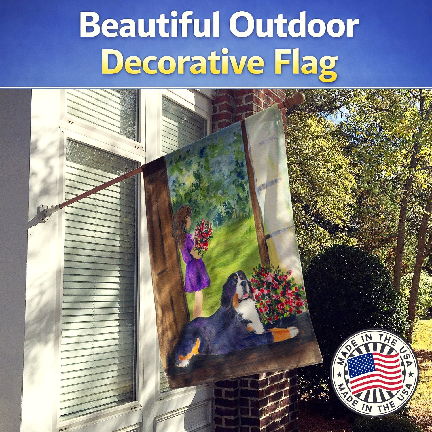 Little Girl with her Bernese Mountain Dog House Flag 28x40 Porch Sleeve Pole Decorative Outside Yard Banner Artwork Wall Hanging, Polyester