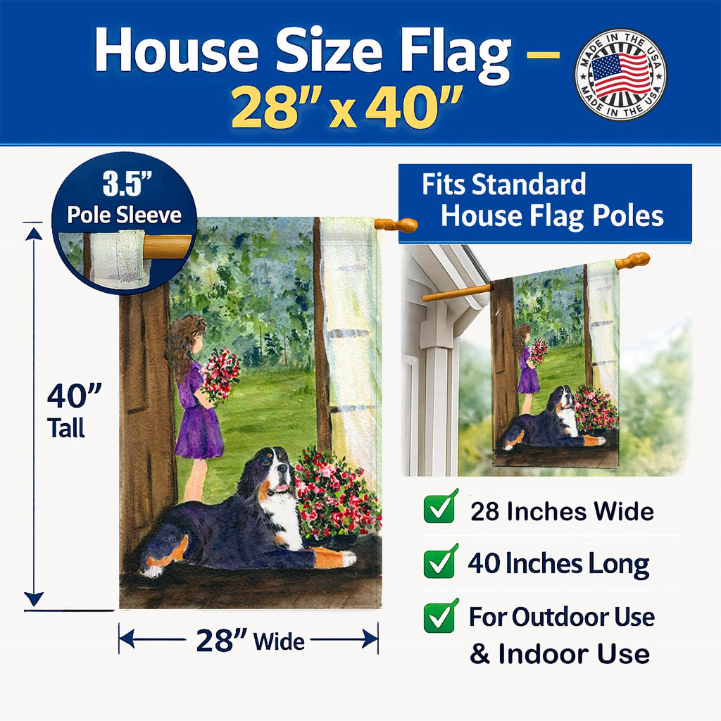Little Girl with her Bernese Mountain Dog House Flag 28x40 Porch Sleeve Pole Decorative Outside Yard Banner Artwork Wall Hanging, Polyester