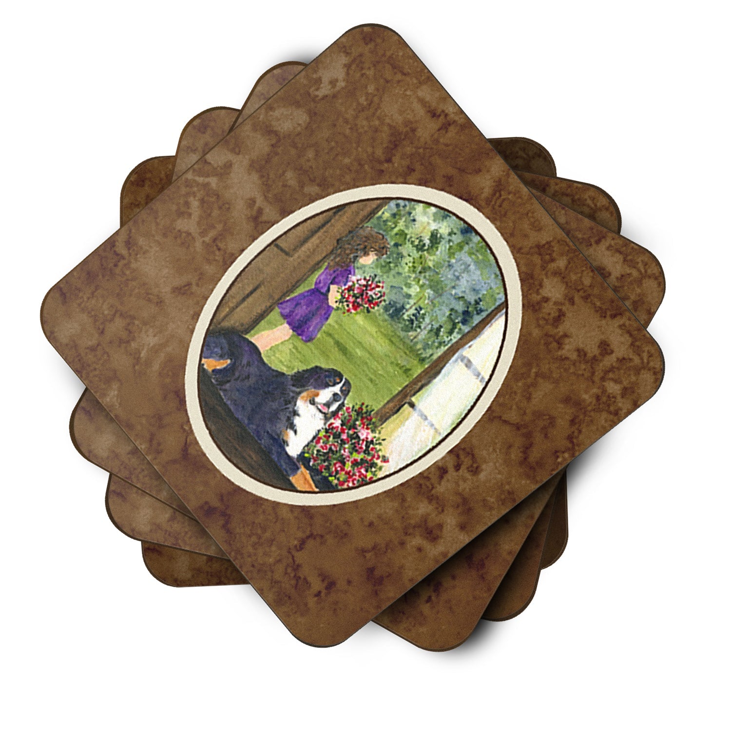 Little Girl with her Bernese Mountain Dog Foam Coasters Set of 4 Cup Coasters for Indoor Outdoor, Tabletop Protection, Anti Slip, Mouse pad Material