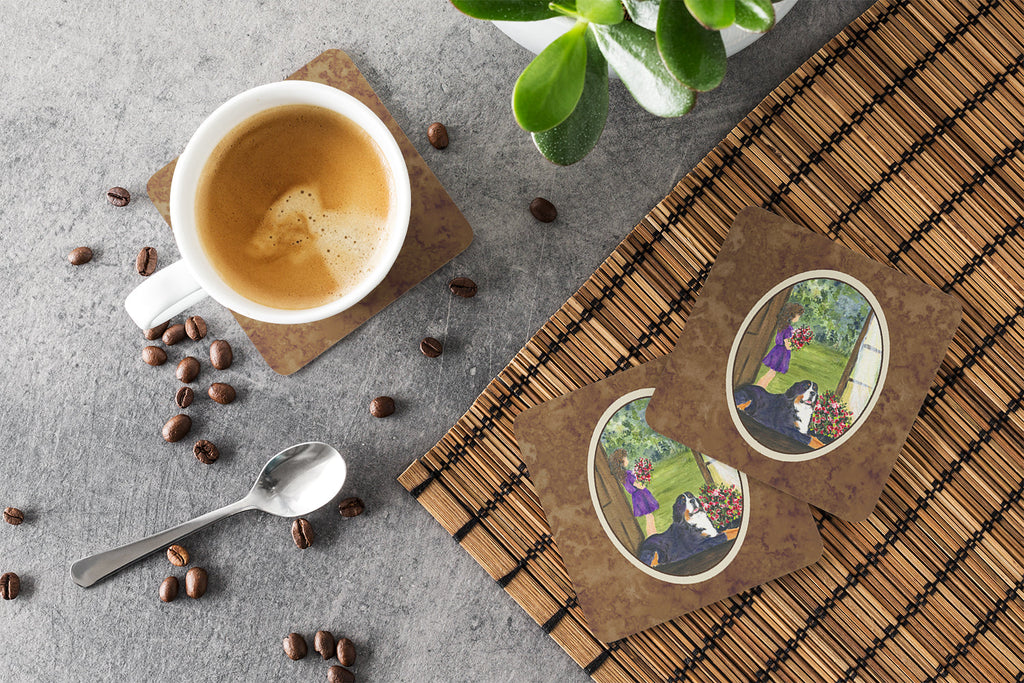 Little Girl with her Bernese Mountain Dog Foam Coasters Set of 4 Cup Coasters for Indoor Outdoor, Tabletop Protection, Anti Slip, Mouse pad Material