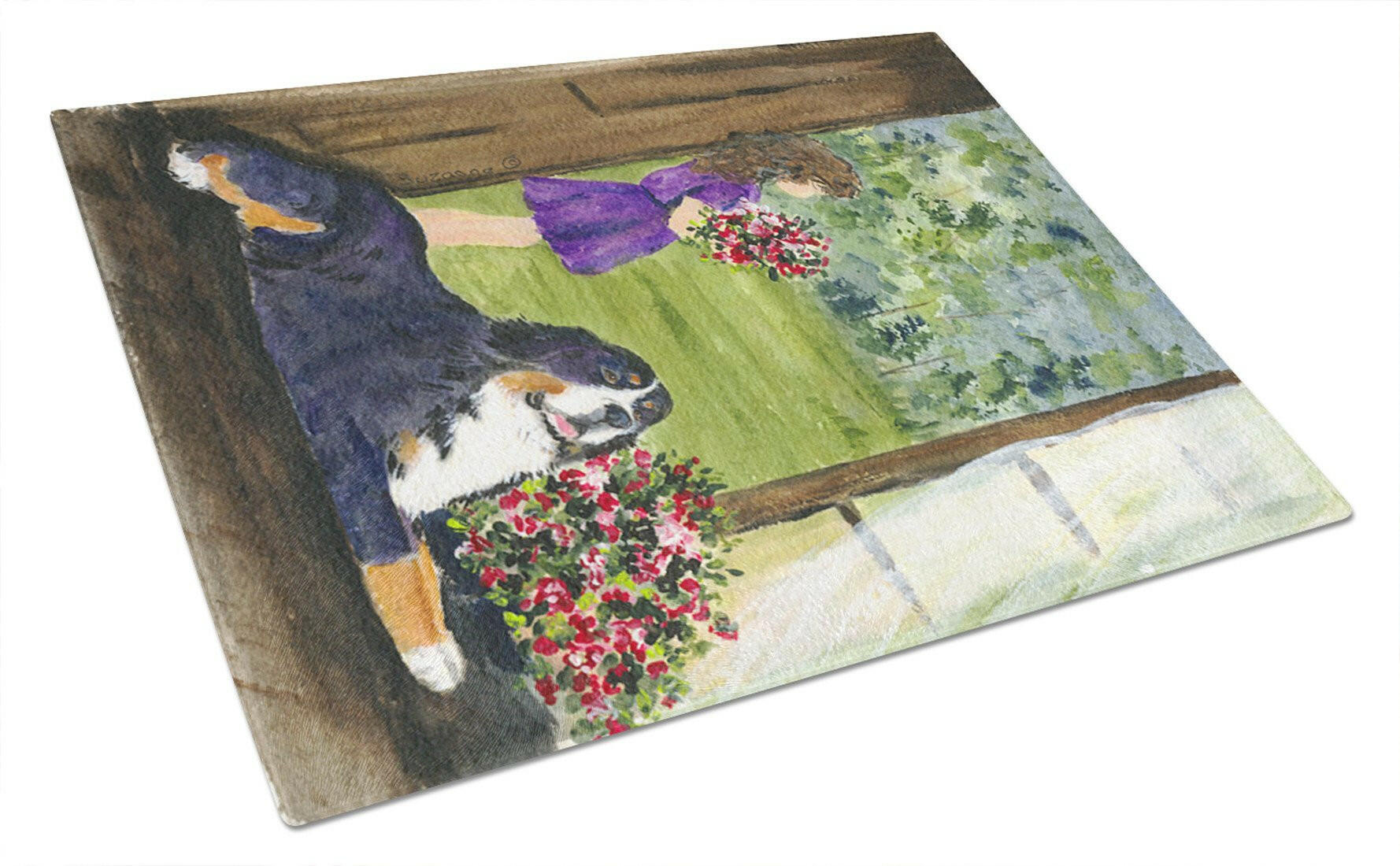 Little Girl with her Bernese Mountain Dog Cutting Board Tempered Glass Kitchen Cutting Surface, Heat Resistant Chopping, Non-Slip Feet, Food Prep & Serving