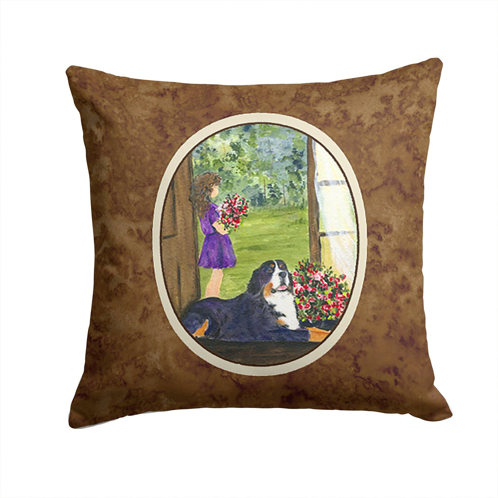 Little Girl with her Bernese Mountain Dog Decorative Throw Pillow 14x14 Indoor Outdoor Accent Cushion, Fabric Cover with Insert for Sofa, Bed, Porch & Living Room
