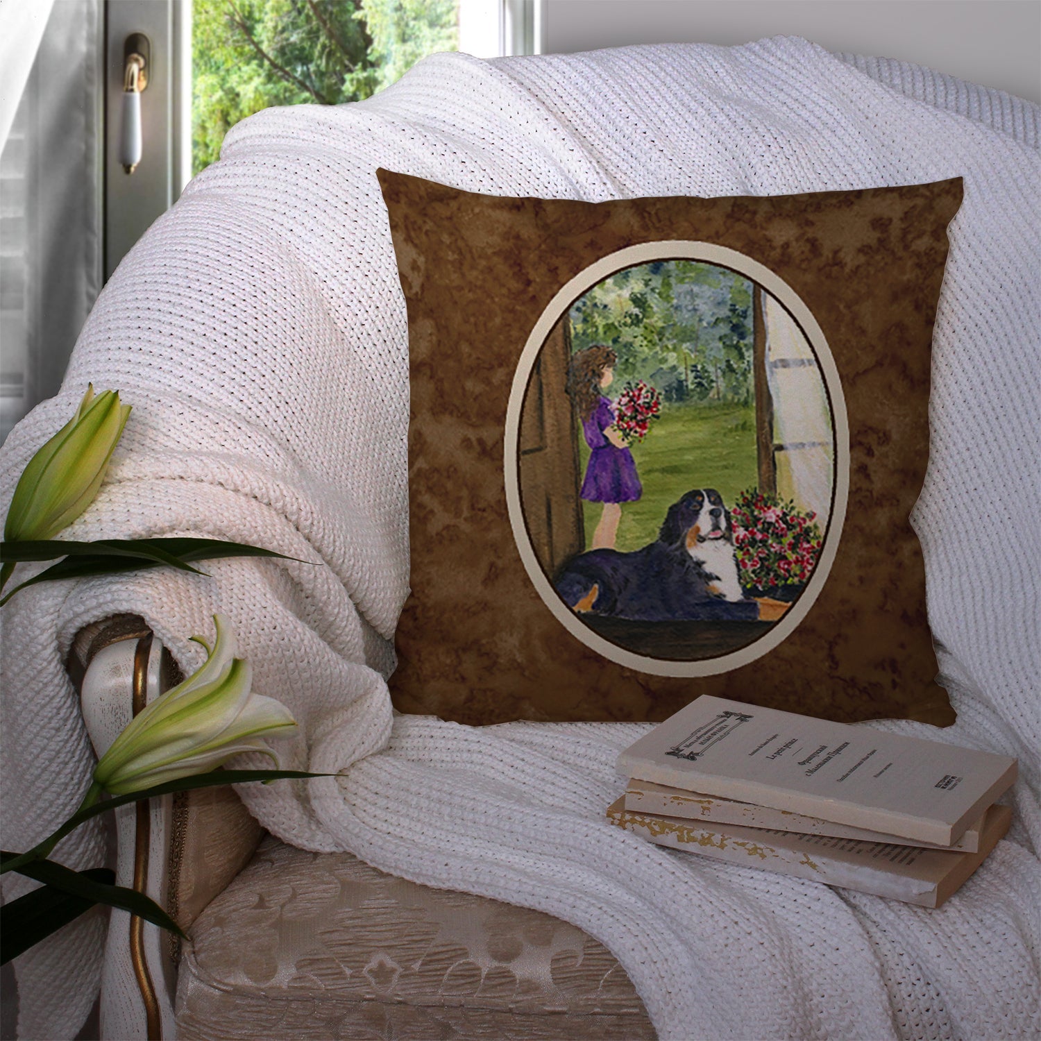Little Girl with her Bernese Mountain Dog Decorative Throw Pillow 14x14 Indoor Outdoor Accent Cushion, Fabric Cover with Insert for Sofa, Bed, Porch & Living Room