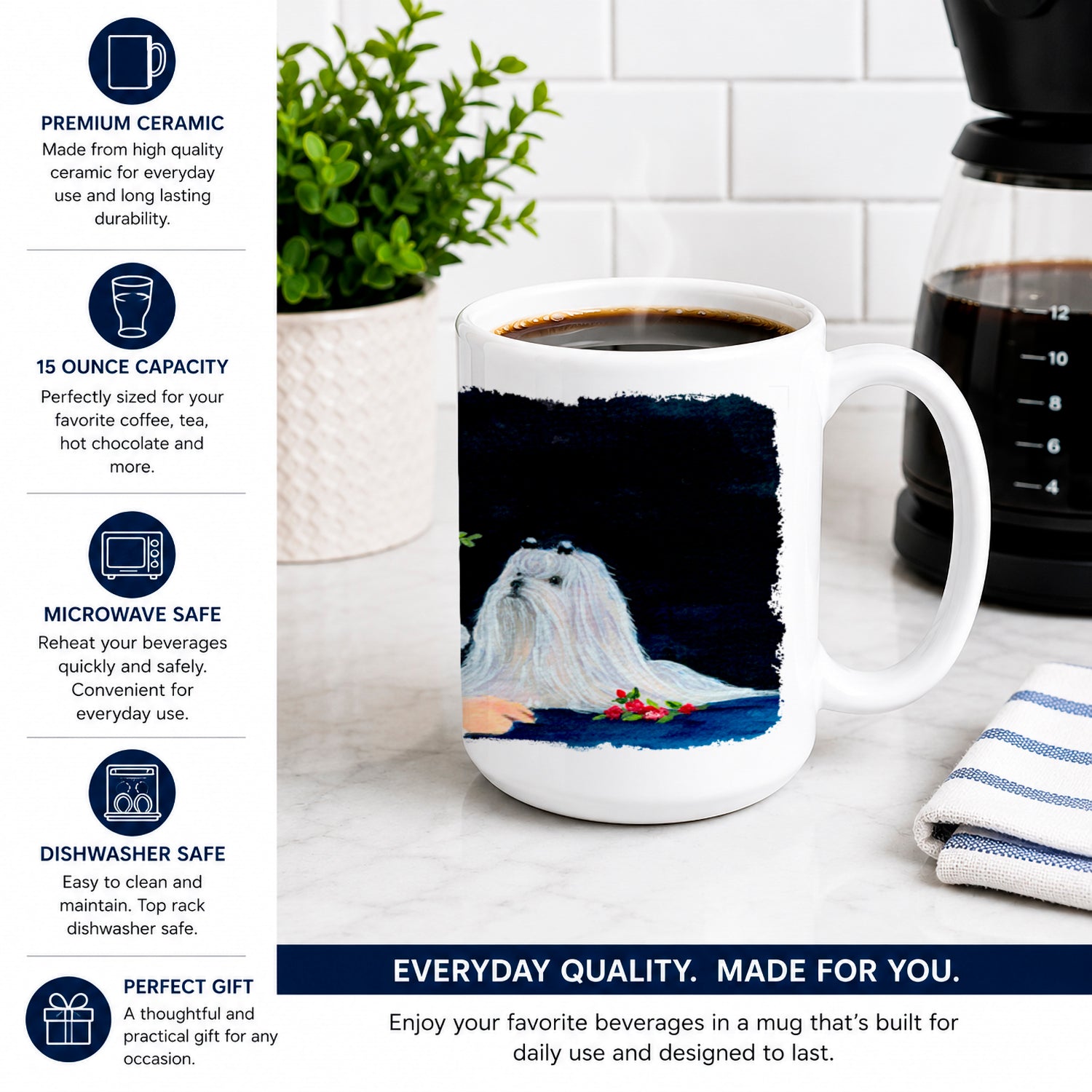 Lady with her Maltese Ceramic Coffee Mug 15 oz Decorative Large C Handle Mug Cup for Tea, Cocoa Hot Chocolate