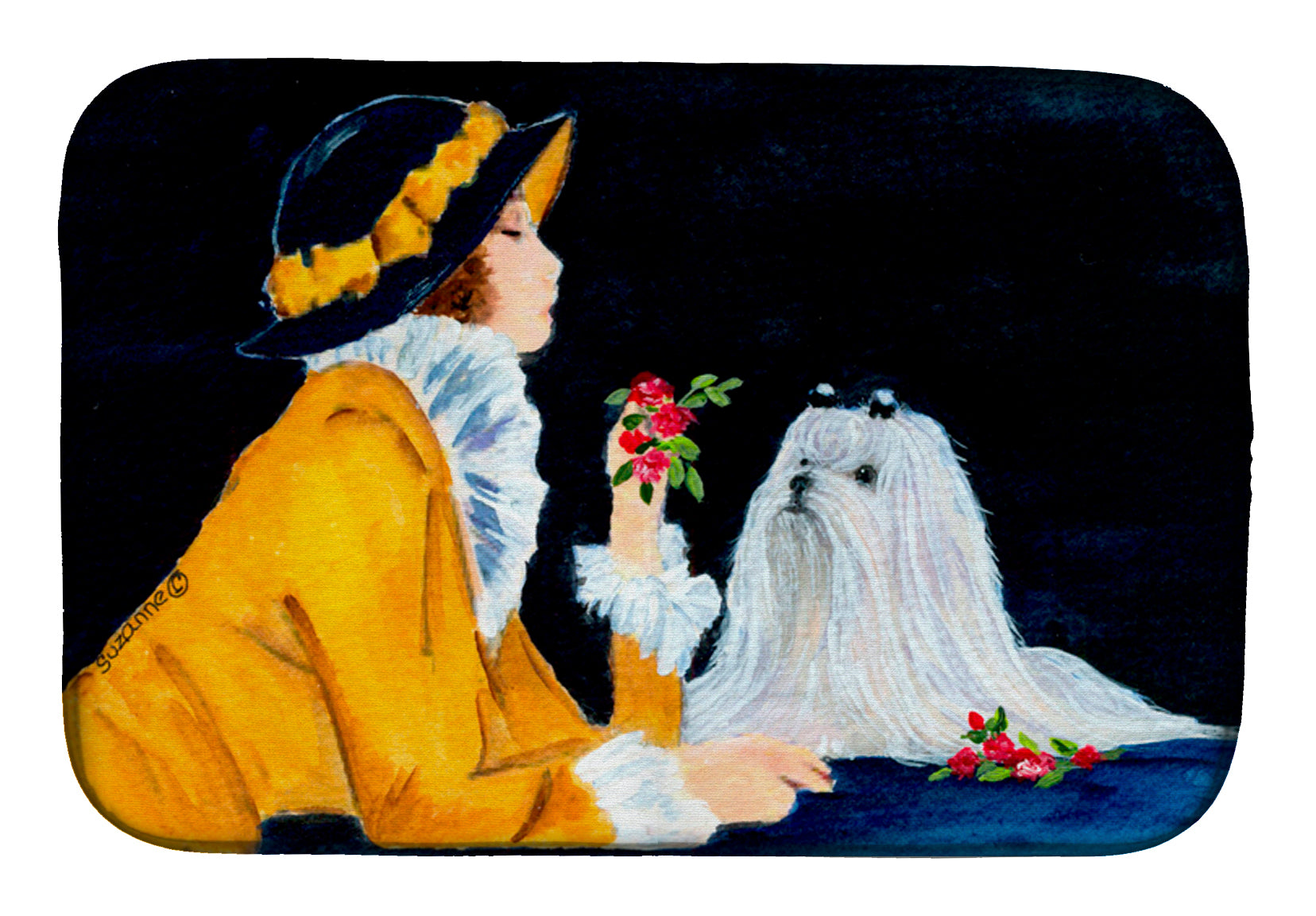 Lady with her Maltese Dish Drying Mat Absorbent Dish Drying Mat Pad for Kitchen Counter Dish Drainer Mat for Countertop, 14 x 21", Multicolor