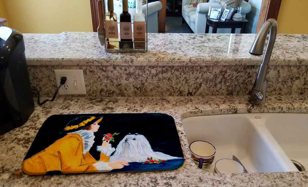 Lady with her Maltese Dish Drying Mat Absorbent Dish Drying Mat Pad for Kitchen Counter Dish Drainer Mat for Countertop, 14 x 21", Multicolor