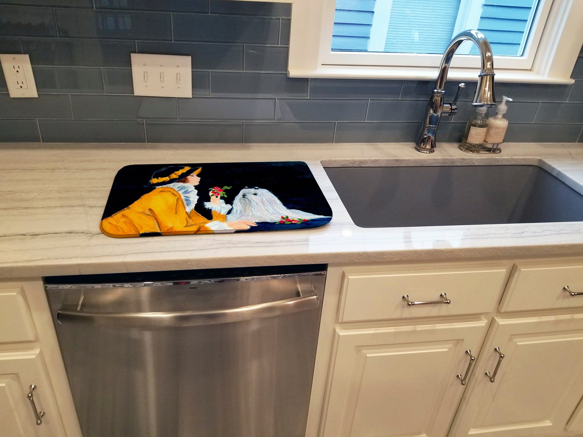 Lady with her Maltese Dish Drying Mat Absorbent Dish Drying Mat Pad for Kitchen Counter Dish Drainer Mat for Countertop, 14 x 21", Multicolor