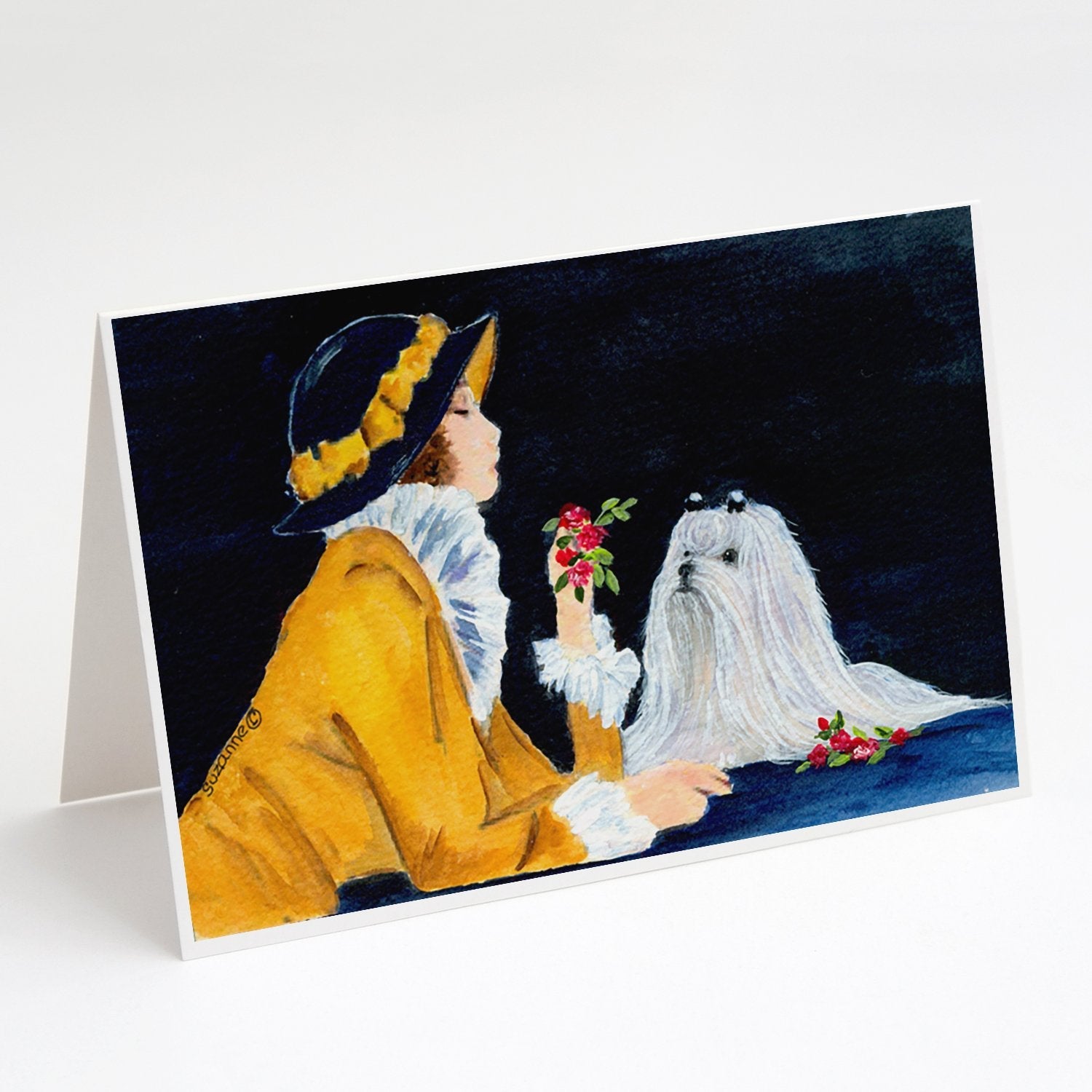 Lady with her Maltese Greeting Cards Pack of 8 Blank Cards with Envelopes Whimsical A7 Size 5x7