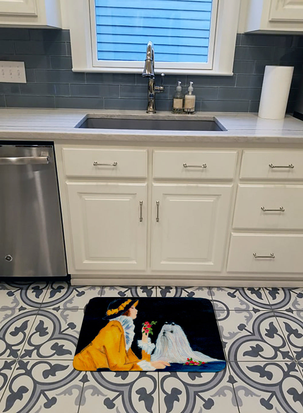 Lady with her Maltese Memory Foam Kitchen Mat Machine Washable Anti-Fatigue Cushion Comfort Bath or Kitchen Rug