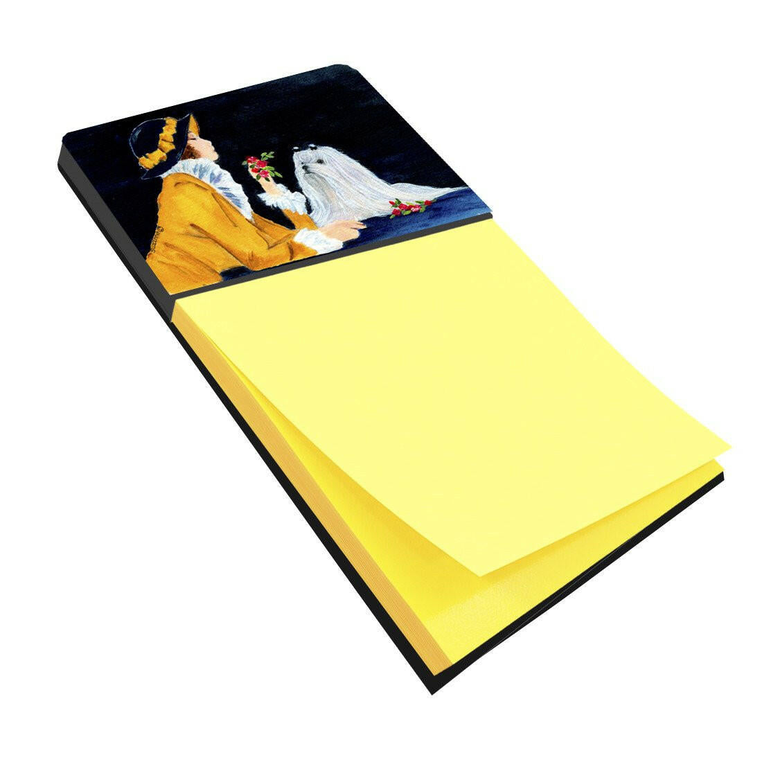 Lady with her Maltese Watercolor Sticky Note Holder Refillable Dispenser Desk Accessory 3x3 Pad Gift