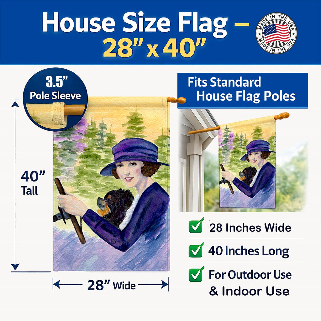 Lady driving with her Pomeranian House Flag 28x40 Porch Sleeve Pole Decorative Outside Yard Banner Artwork Wall Hanging, Polyester