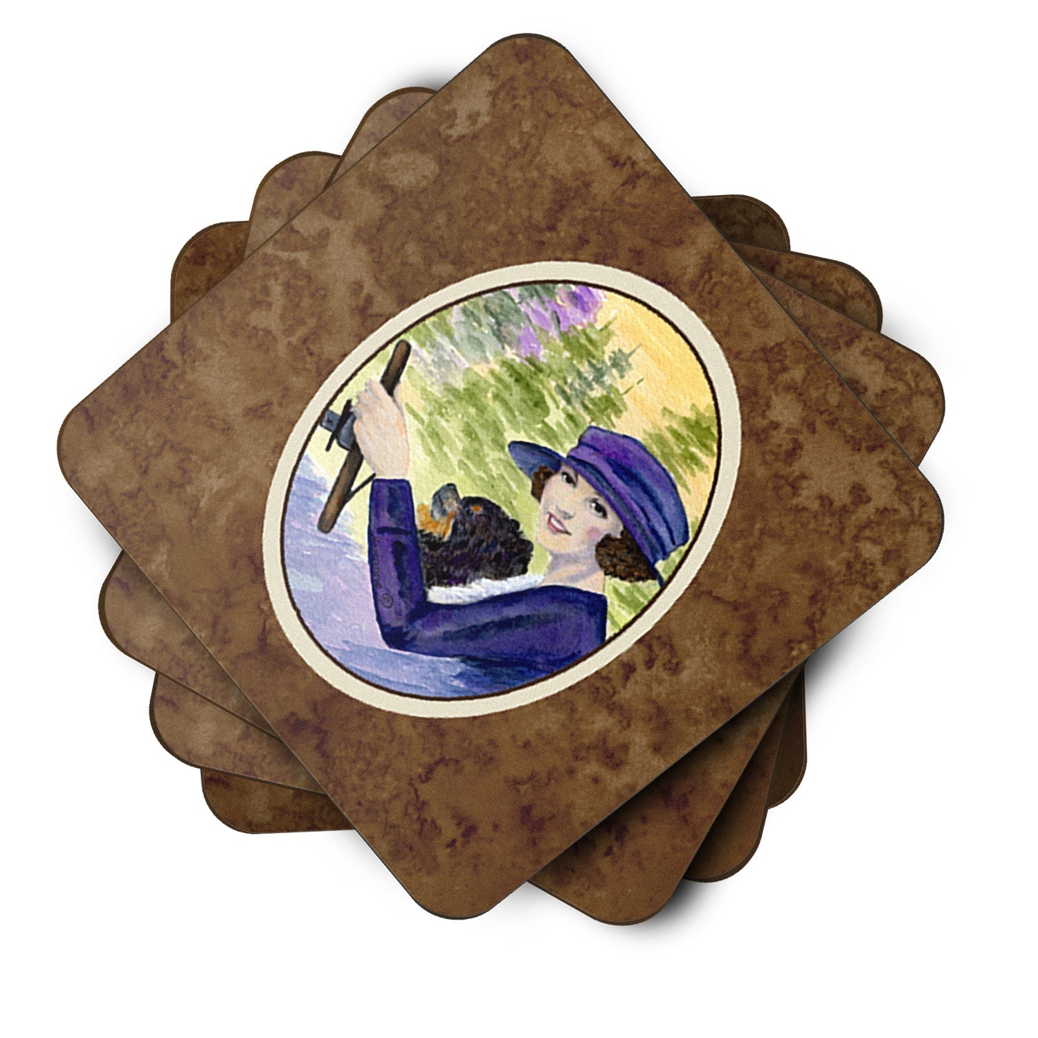 Lady driving with her Pomeranian Foam Coasters Set of 4 Cup Coasters for Indoor Outdoor, Tabletop Protection, Anti Slip, Mouse pad Material
